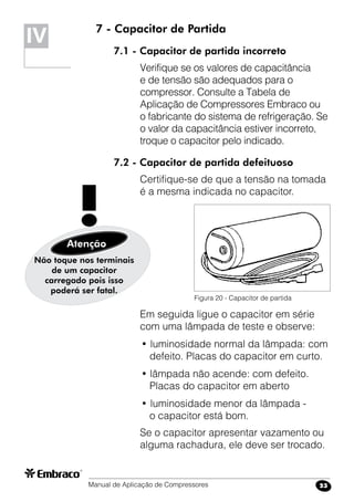 Manual de Aplicação de Compressores 23
7 - Capacitor de Partida
7.1 - Capacitor de partida incorreto
Verifique se os valores de capacitância
e de tensão são adequados para o
compressor. Consulte a Tabela de
Aplicação de Compressores Embraco ou
o fabricante do sistema de refrigeração. Se
o valor da capacitância estiver incorreto,
troque o capacitor pelo indicado.
7.2 - Capacitor de partida defeituoso
Certifique-se de que a tensão na tomada
é a mesma indicada no capacitor.
IV
Figura 20 - Capacitor de partida
Não toque nos terminais
de um capacitor
carregado pois isso
poderá ser fatal.
Atenção
!
Em seguida ligue o capacitor em série
com uma lâmpada de teste e observe:
• luminosidade normal da lâmpada: com
defeito. Placas do capacitor em curto.
• lâmpada não acende: com defeito.
Placas do capacitor em aberto
• luminosidade menor da lâmpada -
o capacitor está bom.
Se o capacitor apresentar vazamento ou
alguma rachadura, ele deve ser trocado.
 