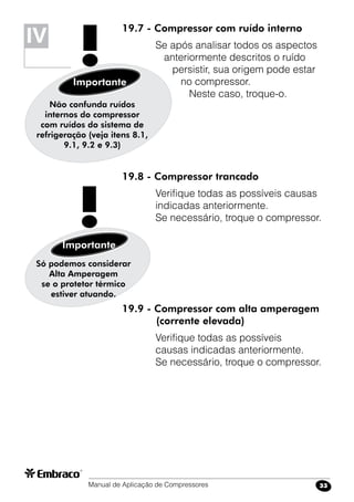 Manual de Aplicação de Compressores 33
19.7 - Compressor com ruído interno
Se após analisar todos os aspectos
anteriormente descritos o ruído
persistir, sua origem pode estar
no compressor.
Neste caso, troque-o.
Só podemos considerar
Alta Amperagem
se o protetor térmico
estiver atuando.
Importante
!
!
Não confunda ruídos
internos do compressor
com ruídos do sistema de
refrigeração (veja itens 8.1,
9.1, 9.2 e 9.3)
Importante
IV
19.8 - Compressor trancado
Verifique todas as possíveis causas
indicadas anteriormente.
Se necessário, troque o compressor.
19.9 - Compressor com alta amperagem
	 (corrente elevada)
Verifique todas as possíveis
causas indicadas anteriormente.
Se necessário, troque o compressor.
 