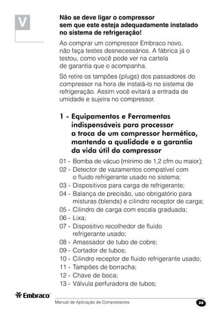 Manual de Aplicação de Compressores 35
Não se deve ligar o compressor
sem que este esteja adequadamente instalado
no sistema de refrigeração!
Ao comprar um compressor Embraco novo,
não faça testes desnecessários. A fábrica já o
testou, como você pode ver na cartela
de garantia que o acompanha.
Só retire os tampões (plugs) dos passadores do
compressor na hora de instalá-lo no sistema de
refrigeração. Assim você evitará a entrada de
umidade e sujeira no compressor.
1 -	Equipamentos e Ferramentas
	 indispensáveis para processar
	 a troca 	de um compressor hermético,
	 mantendo a qualidade e a garantia
	 da vida útil do compressor
01 -	 Bomba de vácuo (mínimo de 1,2 cfm ou maior);
02 -	Detector de vazamentos compatível com
o fluido refrigerante usado no sistema;
03 -	Dispositivos para carga de refrigerante;
04 -	Balança de precisão, uso obrigatório para
misturas (blends) e cilindro receptor de carga;
05 -	Cilindro de carga com escala graduada;
06 -	Lixa;
07 -	Dispositivo recolhedor de fluido
refrigerante usado;
08 -	Amassador de tubo de cobre;
09 -	Cortador de tubos;
10 -	Cilindro receptor de fluido refrigerante usado;
11 -	Tampões de borracha;
12 -	Chave de boca;
13 -	Válvula perfuradora de tubos;
V
 