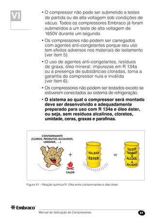 Manual de Aplicação de Compressores 61
• O compressor não pode ser submetido a testes
de partida ou de alta voltagem sob condições de
vácuo. Todos os compressores Embraco já foram
submetidos a um teste de alta voltagem de
1650V durante um segundo.
• Os compressores não podem ser carregados
com agentes anti-congelantes porque seu uso
tem efeitos adversos nos materiais de isolamento
(ver item 5).
• O uso de agentes anti-congelantes, resíduos
de graxa, óleo mineral, impurezas em R 134a
ou a presença de substâncias cloradas, torna a
garantia do compressor nula e inválida
(ver item 6).
• Os compressores não podem ser testados exceto se
estiverem conectados ao sistema de refrigeração.
• O sistema ao qual o compressor será montado
deve ser desenvolvido e adequadamente
preparado para uso com R 134a e óleo éster,
ou seja, sem resíduos alcalinos, cloretos,
umidade, ceras, graxas e parafinas.
Figura 41 – Reação química R 134a entre contaminantes e óleo éster
VIVI
 