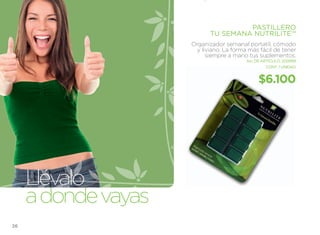 PASTILLERO
                            TU SEMANA NUTRILITE™
                     Organizador semanal portatil, cómodo
                       y liviano. la forma más fácil de tener
                           siempre a mano tus suplementos.
                                          No. DE ARTÍCULO: 209999
                                                   CONT. 1 UNIDAD


                                               $6.100




     llévalo
     a donde vayas
26
 