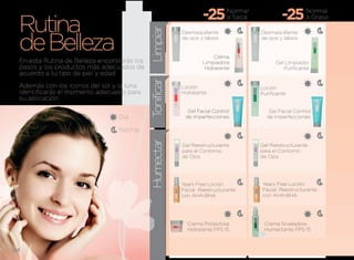 -25       Normal
                                                                                              -25       Normal


 Rutina
                                                                            a Seca                      a Grasa




                                             limpiar
 de Belleza
                                                         Desmaquillante              Desmaquillante
                                                         de ojos y labios            de ojos y labios


                                                                       Crema
 En esta Rutina de Belleza encontrarás los                        limpiadora               Gel limpiador
 pasos y los productos más adecuados de                            Hidratante                 Purificante
 acuerdo a tu tipo de piel y edad.




                                              onificar
 Además con los iconos del sol y la luna                 loción                      loción
 identificarás el momento adecuado para                  Hidratante                  Purificante
 su aplicación.

                                                           Gel Facial Control           Gel Facial Control




                                             T
                                 Día                      de Imperfecciones            de Imperfecciones

                                 Noche



                                             Humectar
                                                         Gel Reestructurante         Gel Reestructurante
                                                         para el Contorno            para el Contorno
                                                         de Ojos                     de Ojos




                                                         Years Free loción           Years Free loción
                                                         Facial Reestructurante      Facial Reestructurante
                                                         con AHA-BHA                 con AHA-BHA




                                                           Crema Protectora           Crema Niveladora
                                                           Hidratante FPS 15          Humectante FPS 15



48
 