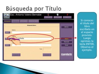 Si conoces
                  el título del
                      libro
                 escríbelo en
                   el espacio
                    provisto.
Mi isla soñada       Luego
                  oprimes la
                 tecla ENTER.
                  Observa el
                    ejemplo.
 