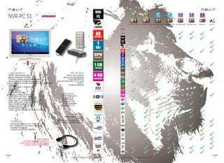 42
imagen
Consulta las características actualizadas en www.nevir.es 43
imagen
Consulta las características actualizadas en www.nevir.es
NVR-TAB101 S1 (8GB) NVR-TAB97 S1 (8GB) NVR-TAB8 S1 (8GB) NVR-TAB7 S1NVR-TAB101 S1 (4GB) NVR-TAB97 S1 (4GB) NVR-TAB8 S1 (4GB)
Mini PC HDMI (Android Stick)
Sistema multimedia de bolsillo
Convierte cualquier televisor en una SMART TV
Almacenamiento interno: Nand Flash de 4 GB*
Almacenamiento externo: expansión con tarjetas Micro SD
(hasta 32 GB)
Sistema operativo > Android 4.04
Multilenguaje
Wifi 802.11b/g /n
Soporta FULL HD 1080p
Reproduce multitud de formatos
Audio: LPCM, AAC/AAC+, WMA,
MP3, MPEG audio, Vorbis, Real Audio,
Vídeo: Xvid, VC-1 SP/MP/AP L3, MPEG 1/2/4,
RMVB 7/8/9/, MKV, H.263, H.264 M-JPEG...
Fotos: JPG/JPEG, BMP, GIF, PNG
Subtítulos: SMI, ASS / SSA, SRT, SUB
Soporta Adobe Flash 10.2
E-book: soporta TXT, EPUB, RTF, DOC, PPT, PDF
USB 2.0 OTG OnTheGo
(para conectar periféricos)
Puerto Mini USB HOST
Lector de tarjetas Micro SD (TF card)
HDMI 1.3
Recepetor infrarojos
CPU: A9 ARM Cortex
GPU: Mali 400 3D
RAM: 1 GB DDR3
Capacidad: 4 GB*
+ 32 GB expandibles
OpenGL ES1.1/2.0
Mando a distancia micro
Cable USB
Adaptador a la corriente para USB
Cable extensor HDMI (opcional)
Dimensiones: 89 AN x 15 AL x 33 PR mm
Dim. embalaje: 117 AN x 54 AL x 98 PR mm
Embalaje: 60 unidades
Código de barras: 8427155009344
NVR-PC S1
*Televisor no incluido
NVR-PC S1
NVR-HDMI-EXT
(se vende también por separado)
Cable extensor HDMI (macho-hembra)
Código de barras: 8427155006275
características
más datos
conexiones
accesorios
info técnica
próximamente
próximamente
novedad
 