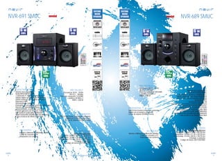 78
sonido
79
sonido
Consulta las características actualizadas en www.nevir.es Consulta las características actualizadas en www.nevir.es
NVR-691 SMUC NVR-689 SMUC
Sistema micro speakers 2.1
Radio/MP3/USB/SD/MMC
1 subwoofer 4” frontal y 2 satélites de 3”
Display digital led rojo (Super Bright Red)
Diseño moderno con paneles cromados
Reproduce MP3
Sintonizador de radio FM
Interruptor de encendido y antena radio trasera
Botones de reproducción/pausa,
adelante, atrás, ecualizador y modo
Cotroles giratorios de Volumen, Treble, Bass
Hi-Fi Surround audio (alta definición)
Super Subwoofer (amplificador de potencia)
Cajas acústicas de diseño Super Bass
Frecuencia: 40 Hz ~ 20 KHz
FM: 87,5 ~ 108 MHz
Potencia: subwoofer 15 W RMS
+ satélites 6 W RMS x 2
PMPO: 3.000 W
USB 2.0 host frontal (control del contenido
digital con el mando a distancia)
Lector de tarjetas SD/MMC frontal
Mando a distancia multifunción ultrafino
Cable de conexión a PC
Adaptador a la corriente
www.nevir.es/689.html
D. satélite: 100 AN x 145 AL x 115 PR mm
D. subwoofer: 150 AN x 211 AL x 255 PR mm
D. embalaje: 314 AN x 384 AL x 196 PR mm
Embalaje: 6 unidades
Código de barras: 8427155010081
Sistema micro speakers 2.1
Radio/MP3/USB/SD/MMC
1 subwoofer 4” trasero y 2 satélites de 3”
Display digital led rojo (Super Bright Red)
Diseño moderno con paneles cromados
Reproduce MP3
Sintonizador de radio FM
Interruptor de encendido y antena radio trasera
Botones de reproducción/pausa,
adelante, atrás, ecualizador y modo
Cotroles giratorios de Volumen, Treble, Bass
Hi-Fi Surround audio (alta definición)
Super Subwoofer (amplificador de potencia)
Cajas acústicas de diseño Super Bass
Frecuencia: 40 Hz ~ 20 KHz
FM: 87,5 ~ 108 MHz
Potencia: subwoofer 15 W RMS
+ satélites 6 W RMS x 2
PMPO: 3.000 W
USB 2.0 host frontal (control del contenido
digital con el mando a distancia)
Lector de tarjetas SD/MMC frontal
Mando a distancia multifunción ultrafino
Cable de conexión a PC
Adaptador a la corriente
www.nevir.es/691.html
D. satélite: 100 AN x 145 AL x 115 PR mm
D. subwoofer: 150 AN x 211 AL x 255 PR mm
D. embalaje: 314 AN x 384 AL x 196 PR mm
Embalaje: 6 unidades
Código de barras: 8427155010098
características
conexiones
info técnica
accesorios más datos
novedad
características
conexiones
info técnica
accesorios
más datos
novedad
 
