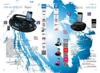 80
sonido
81
sonido
Consulta las características actualizadas en www.nevir.es Consulta las características actualizadas en www.nevir.es
NVR-461 MDDUCA
Radio-CD/MP3/USB/SD portátil
Diseño futurista con display digital azul
6 altavoces (2 superiores con acabado de aluminio para altas frecuencias)
Diseño revestido de alto brillo
Base dock iPod/iPhone®
(compatible con modelos anteriores a iPhone 5)
Carga y reproduce
Salida de vídeo para reproducir en la tele los vídeos de tu dispositivo
Sintonizador manual y automático PLL de radio FM
Memorización de emisoras
Lector de CD de carga superior
Óptica CD-láser japonesa de alta calidad
Reproduce CD, CD-R, CD-RW, MP3
ID3 TAG y ecualizador
Función mute, repetición, aleatorio y programación
Controles electrónicos de volumen y reproducción
Funciones: reloj digital, sleep, snooze
Temporizador de autoapagado (función Sleep)
HD audio (sonido de alta definición)
Cable AC desenchufable
Antena telescópica
Asa integrada plegable para su cómodo transporte
FM: 87.5 ~ 108 MHz
Potencia: 2 W RMS x 2
8 pilas x 1,5 V (no incluidas)
Consumo máximo: < 15 W
USB 2.0 host (control del contenido
digital con el mando a distancia)
Lector de tarjetas SD
Entrada AUX y AC
Salida video RCA
Mando a distancia multifunción ultracompacto
Adaptador a la corriente
www.nevir.es/461.html
Dimensiones: 360 AN x 117 AL x 224 PR mm
Dim. embalaje: 384 AN x 152 AL x 251 PR mm
Embalaje: 4 unidades
Código de barras: 8427155010944
NVR-350 A
Radio reloj despertador con display digital led
Base dock iPod/iPhone®
(compatible con modelos anteriores a iPhone 5)
Sincronización de hora
Interrupción con llamadas entrantes
Carga y reproducción
Sintonizador PLL de radio FM
Memorización de emisoras
Búsqueda manual y automática de emisoras
Despertador con alarma dual (AL 1 y AL 2)
Alarma acústica / radio / música de iPod/iPhone®
Función luz, sleep y snooze
FM: 87.5 ~ 108 MHz
Potencia de salida: 2 W RMS x 2Dock para iPod/iPhone®
USB trasero exclusivo para la carga
de móviles y dispositivos
Entrada DC 5 V
Entrada Aux
Antena FM
Adaptador de red
Dimensiones: 150 AN x 70 AL x 150 PR mm
D. embalaje: 290 AN x 90 AL x 188 PR mm
Embalaje: 20 unidades
www.nevir.es/350negro.html
Código de barras negro: 8427155004233
www.nevir.es/350plata.html
Código de barras plata: 8427155004264
www.nevir.es/350rojo.html
Código de barras rojo: 8427155004240
www.nevir.es/350rosa.html
Código de barras rosa: 8427155004257
características
conexiones
info técnica
accesorios
más datos
características
conexiones
info técnica
accesorios
más datos
 