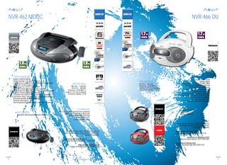 84
sonido
85
sonido
Consulta las características actualizadas en www.nevir.es Consulta las características actualizadas en www.nevir.es
NVR-462 MDUC
Radio-CD/MP3/USB/SD
Diseño futurista con display digital azul
6 altavoces (2 superiores con acabado de aluminio)
Lector de CD de carga superior
Reproduce CD, CD-R, CD-RW, MP3
Óptica CD-láser japonesa de alta calidad
Sintonizador de radio DX (AM / FM) con lectura digital
Función repetición y programación
Controles electrónicos de volumen y reproducción
Funciones: sleep, aleatorio, skip, carpeta, álbum, etc
HD audio (sonido de alta definición)
Antena telescópica
Asa integrada plegable para su cómodo transporte
AM: 522 ~ 1.620 KHz
FM: 87,5 ~ 108 MHz
Potencia: 1,8 W RMS x 2
6 pilas x 1,5 V (no incluidas)
Consumo máximo: 22 W
USB 2.0 host frontal (control del contenido
digital con el mando a distancia)
Lector de tarjetas SD frontal
Entrada AUX y AC
Salida de auriculares
Mando a distancia multifunción ultrafino
Dimensiones: 330 AN x 116 AL x 226,6 PR mm
Dim. embalaje: 358 AN x 262 AL x 156 PR mm
Embalaje: 4 unidades
www.nevir.es/462negro.html
Código de barras negro: 8427155010951
www.nevir.es/462plata.html
Código de barras plata: 8427155010968
NVR-466 DU
Radio-CD/MP3/USB
Display digital
Reproduce CD, CD-R, CD-RW y MP3
Sintonizador digital PLL radio FM
10 presintonías en memoria
Lector de CD de carga superior
Programación de pistas
Funciones: carpeta, skip y búsqueda
Repetir 1/Repetir Album/Repetir Todo/Aleatorio
Control volumen giratorio
Antena telescópica 360º
Asa para su cómodo transporte
FM: 87,5 ~ 108 mHz
Potencia: 1,2 W RMS x 2
8 pilas x 1,5 V (no incluidas)
Consumo máximo: <12 W
USB 2.0 frontal
Entrada AC/DC
Salida auriculares
Dimensiones: 233 AN x 129 AL x 209 PR mm
D. embalaje: 258 AN x 150 AL x 230 PR mm
Embalaje: 6 unidades
www.nevir.es/466negro.html
Código de barras negro: 8427155011170
www.nevir.es/466blanco.html
Código de barras blanco: 8427155011002
www.nevir.es/466rojo.html
Código de barras rojo: 8427155011187
características
conexiones
info técnica
accesorios
más datos
características
conexiones
info técnica
más datos
 