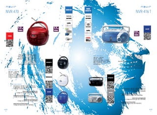 90
sonido
91
sonido
Consulta las características actualizadas en www.nevir.es Consulta las características actualizadas en www.nevir.es
Radio-CD/MP3 con display digital
Reproduce CD, CD-R, CD-RW, MP3
Lector de CD de carga superior
Sintonizador radio 2 bandas AM / FM
Programación de pistas
Repetir 1 / Repetir Todo
Antena telescópica 360º
Asa para su cómodo transporte
AM: 540 ~ 1.600 KHz
FM: 87 ~ 108 MHz
Potencia: 1,2 W RMS x 2
6 pilas x 1,5 V (no incluidas)
Consumo máximo: <12 W
Salida de auriculares
Dimensiones: 185 AN x 123 AL x 186 PR mm
D. embalaje: 220 AN x 150 AL x 215 PR mm
Embalaje: 6 unidades
www.nevir.es/470negro.html
Código de barras negro: 8427155010609
www.nevir.es/470blanco.html
Código de barras blanco: 8427155010623
www.nevir.es/470rojo.html
Código de barras rojo: 8427155010616
www.nevir.es/470azul.html
Código de barras azul: 8427155010630
NVR-470 NVR-416 T
Radio-Cassette grabador
Controles giratorios de volumen
y de sintonizador radio AM / FM
Grabación con sólo un toque
Micrófono integrado
Altavoz con refuerzo de graves Super Hi-Power
3” Speaker + 1,5” Tweeter
Soft eject cassette door
Sistema Autostop (semiautomático)
Antena telescópica 360º
Asa para su cómodo transporte
AM: 530 ~ 1.600 kHz
FM: 88 ~ 108 Mhz
Potencia de salida: 1,2 W RMS
Alimentación AC: 230 V ~ 50 Hz
Pilas: 4 x UM-1 de 1,5 V = 6 V
(no incluidas)
Salida auriculares
Dimensiones: 280 AN x 140 AL x 120 PR mm
D. embalaje: 300 AN x 155 AL x 133 PR mm
Embalaje: 12 unidades
www.nevir.es/416negro.html
Código de barras negro: 8427155010906
www.nevir.es/416gris.html
Código de barras gris: 8427155010890
www.nevir.es/416azul.html
Código de barras azul: 8427155010913
características
conexiones
info técnica
más datos
características
conexiones
info técnica
más datos
 