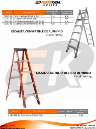 M É X I C O
CLAVE DESCRIPCIÓN
ALTURA MAX
TIJERA
ALTURA MAX
EXTENSIÓN
C-2287-13 ESCALERA CONVERTIBLE AL T-II 3.14 4.30
C-2287-15 ESC.CONV.ALUMINIO T-II 15' 3.42 4.90
C-2287-17 ESC.CONV.ALUMINIO CUPRUM T-II 17' 3.71 5.50
C-2287-21 ESC.CONV.ALUMINIO CUPRUM T-II 21' 4.28 6.64
ESCALERA CONVERTIBLE DE ALUMINIO
C-2287/102Kg
ESCALERA DE TIJERA DE FIBRA DE VIDRIO
CN-3311/90 Kg
CLAVE DESCRIPCIÓN NO. PELDAÑOS
ALTURA MAX
TRABAJO
CN-3311-06 ESC. TIJ. F.V. T-III CUP/ESP. 5 3.14
AV. PASTORES NO.138
COL NAVIDAD DEL CUAJIMALPA
Tel: 5815-1840
www.ferrekasamexico.com
 