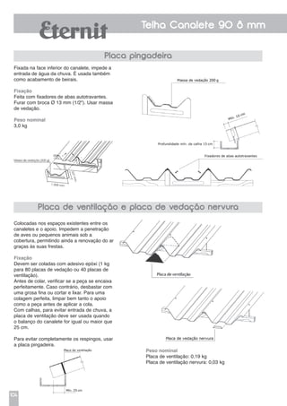 104
Telha Canalete 90 8 mm
Fixada na face inferior do canalete, impede a
entrada de água da chuva. É usada também
como acabamento de beirais.
Fixação
Feita com fixadores de abas autotravantes.
Furar com broca Ø 13 mm (1/2"). Usar massa
de vedação.
Peso nominal
3,0 kg
Placa pingadeira
Peso nominal
Placa de ventilação: 0,19 kg
Placa de ventilação nervura: 0,03 kg
Colocadas nos espaços existentes entre os
canaletes e o apoio. Impedem a penetração
de aves ou pequenos animais sob a
cobertura, permitindo ainda a renovação do ar
graças às suas frestas.
Fixação
Devem ser coladas com adesivo epóxi (1 kg
para 80 placas de vedação ou 40 placas de
ventilação).
Antes de colar, verificar se a peça se encaixa
perfeitamente. Caso contrário, desbastar com
uma grosa fina ou cortar e lixar. Para uma
colagem perfeita, limpar bem tanto o apoio
como a peça antes de aplicar a cola.
Com calhas, para evitar entrada de chuva, a
placa de ventilação deve ser usada quando
o balanço do canalete for igual ou maior que
25 cm.
Para evitar completamente os respingos, usar
a placa pingadeira.
Placa de ventilação e placa de vedação nervura
Massa de vedação (200 g)
1.008 mm
337mm
 