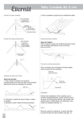 108
Telha Canalete 90 8 mm
Fixador de abas simples
Fixador de abas autotravante
Suporte de abas com base
Apoio de concreto
1. Fixar a base do suporte com parafuso
autoatarraxante com bucha de nylon (não fornecido
pela Eternit) antes da colocação do canalete.
2. Posicionar o suporte de abas na base e colocar
o canalete.
3. Ajustá-los e fazer o aperto final dos parafusos.
4. Fixar o canalete no suporte com os fixadores de abas.
Suporte de abas simples
Apoio de madeira
Fixar o suporte no apoio com parafuso passante e porca
(não fornecidos pela Eternit). Furar com broca
Ø 8 mm (5/16").
Tirante de contraventamento
Fixar os tirantes com os fixadores de abas simples
antes do içamento dos canaletes.
Afastador
Colocar dois afastadores entre canaletes que se
recobrem longitudinalmente, sempre sobre as linhas
de apoio. Em fechamentos laterais, são colados com
adesivo epóxi (1 kg/66 peças). Em coberturas, com
massa de vedação (veja pág. 11).
Trava
Deve ser usada em coberturas, no apoio mais alto,
na parte de baixo de cada canalete (veja pág. 11).
 