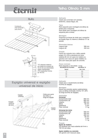 18
Telha Olinda 5 mm
Rufo
Espigão universal e espigão
universal de início
Aplicação
Usado para arremate com paredes,
lanternins, caixas-d'água, etc.
Tipos
Rufo esquerdo para montagens de telhas da
direita para a esquerda.
Rufo direito para montagens de telhas da
esquerda para a direita.
Montagem
Posicionar as terças de modo que o acessório
de fixação fique no máximo à distância "D" da
parede.
Dimensões básicas
Largura total	 506 mm
Largura útil	 450 mm
Fixação
Fixá-lo em conjunto com a telha usando
pregos 18 x 36 ou parafusos de rosca
soberba 85 mm em apoio de madeira ou
ganchos com rosca em apoio metálico ou
pino com rosca para apoio de concreto.
Pesos nominais
Rufo esquerdo e rufo direito: 1,5 kg
Aplicação
Usado para o recobrimento de telhas
na linha do espigão.
Montagem
Devem ser previstos apoios suplementares
para as telhas (inclinação mínima 15º= 26%
ao longo da linha de espigão).
Dimensões
Universal
Comprimento total	 850 mm
Comprimento útil	 800 mm
Largura	 260 mm
Altura	 85 mm
Espessura	 5 mm
Peso nominal	 1,7 kg
Universal de início
Comprimento total	 500 mm
Comprimento útil	 450 mm
Largura	 260 mm
Altura	 85 mm
Espessura	 5 mm
Peso nominal	 1,1 kg
Fixação
Apoio de madeira
Um parafuso com rosca soberba de 8 mm x
165 mm por peça.
Apoio metálico ou concreto
Um gancho com rosca por peça.
Inclinação DO TELHADO Distância "D"
(graus) máx. (mm)
15° 242
20° 225
25° 207
30° 186
Contrarrufo
(não fornecido
pela Eternit) 80 506
265
40
*"D" adotando distância
de furação da cumeeira de
70 mm de sua extremidade.
Utilizar sobreposição
("R") longitudinal mínima
de 140 mm.
20 mm
D
R
70 mm
 