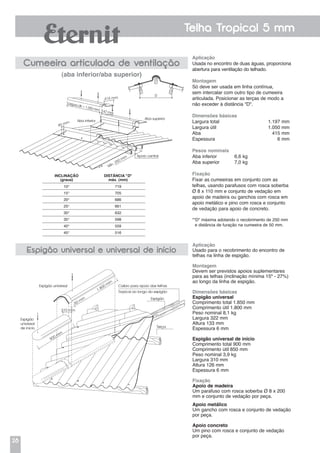 28
Telha Tropical 5 mm
Cumeeira articulada de ventilação
(aba inferior/aba superior)
Espigão universal e universal de início
Aplicação
Usada no encontro de duas águas, proporciona
abertura para ventilação do telhado.
Montagem
Só deve ser usada em linha contínua,
sem intercalar com outro tipo de cumeeira
articulada. Posicionar as terças de modo a
não exceder à distância "D".
Dimensões básicas
Largura total	 1.197 mm
Largura útil	 1.050 mm
Aba	 415 mm
Espessura	 6 mm
Pesos nominais
Aba inferior 	 6,6 kg
Aba superior 	 7,0 kg
Fixação
Fixar as cumeeiras em conjunto com as
telhas, usando parafusos com rosca soberba
Ø 8 x 110 mm e conjunto de vedação em
apoio de madeira ou ganchos com rosca em
apoio metálico e pino com rosca e conjunto
de vedação para apoio de concreto.
*"D" máxima adotando o recobrimento de 250 mm
e distância de furação na cumeeira de 50 mm.
Aplicação
Usado para o recobrimento do encontro de
telhas na linha de espigão.
Montagem
Devem ser previstos apoios suplementares
para as telhas (inclinação mínima 15º - 27%)
ao longo da linha de espigão.
Dimensões básicas
Espigão universal
Comprimento total 1.850 mm
Comprimento útil 1.800 mm
Peso nominal 8,1 kg
Largura 322 mm
Altura 133 mm
Espessura 6 mm
Espigão universal de início
Comprimento total 900 mm
Comprimento útil 850 mm
Peso nominal 3,9 kg
Largura 310 mm
Altura 126 mm
Espessura 6 mm
Fixação
Apoio de madeira
Um parafuso com rosca soberba Ø 8 x 200
mm e conjunto de vedação por peça.
Apoio metálico
Um gancho com rosca e conjunto de vedação
por peça.
Apoio concreto
Um pino com rosca e conjunto de vedação
por peça.
Inclinação
(graus)
Distância "D"
máx. (mm)
10° 719
15° 705
20° 686
25° 661
30° 632
35° 598
40° 559
45° 516
Terça
Espigão
Caibro para apoio das telhas
Tropical ao longo do espigão
Espigão universal
Espigão
universal
de início
1.800 mm
50 mm
310 mm
900 mm
Apoio central
Aba inferior
Aba superior
D
147 mm
Largura útil = 1.050 mm
415 mm
90 mm
a Mín. 250 mm
 