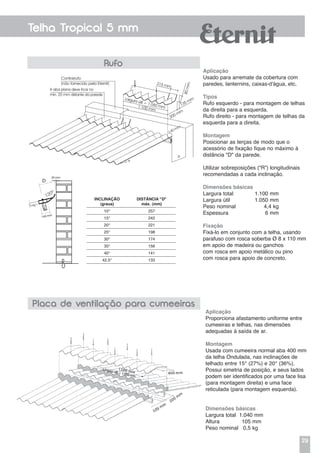 29
Telha Tropical 5 mm
Aplicação
Usado para arremate da cobertura com
paredes, lanternins, caixas-d'água, etc.
Tipos
Rufo esquerdo - para montagem de telhas
da direita para a esquerda.
Rufo direito - para montagem de telhas da
esquerda para a direita.
Montagem
Posicionar as terças de modo que o
acessório de fixação fique no máximo à
distância "D" da parede.
Utilizar sobreposições (“R”) longitudinais
recomendadas a cada inclinação.
Dimensões básicas
Largura total	 1.100 mm
Largura útil	 1.050 mm
Peso nominal	 4,4 kg
Espessura	 6 mm
Fixação
Fixá-lo em conjunto com a telha, usando
parafuso com rosca soberba Ø 8 x 110 mm
em apoio de madeira ou ganchos
com rosca em apoio metálico ou pino
com rosca para apoio de concreto.
Aplicação
Proporciona afastamento uniforme entre
cumeeiras e telhas, nas dimensões
adequadas à saída de ar.
Montagem
Usada com cumeeira normal aba 400 mm
da telha Ondulada, nas inclinações de
telhado entre 15° (27%) e 20° (36%).
Possui simetria de posição, e seus lados
podem ser identificados por uma face lisa
(para montagem direita) e uma face
reticulada (para montagem esquerda).
Dimensões básicas
Largura total 1.040 mm
Altura 105 mm
Peso nominal 0,5 kg
Placa de ventilação para cumeeiras
Largura útil = 1.050 mm
Rufo
Inclinação
(graus)
Distância "D"
máx. (mm)
10° 257
15° 242
20° 221
25° 198
30° 174
35° 156
40° 141
42,5° 133
20 mm
140 mm
D
* “D” adotado distância de furação da
cumeeira de 70mm de sua extremidade.
Utilizar sobreposição ( ”R”) longitudinal
recomendada para cada inclinação.
120º
Contrarrufo
(não fornecido pela Eternit)
A aba plana deve ficar no
mín. 20 mm distante da parede
Largura útil = 1.050 mm1.100 mm
140 mm
215 mm
80mm
135 mm
200 mm
a
20 mm
140 mm
D
* “D” adotado distância de furação da
cumeeira de 70mm de sua extremidade.
Utilizar sobreposição ( ”R”) longitudinal
recomendada para cada inclinação.
 