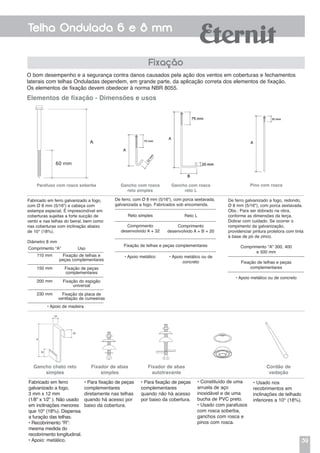 39
Telha Ondulada 6 e 8 mm
Fixação
O bom desempenho e a segurança contra danos causados pela ação dos ventos em coberturas e fechamentos
laterais com telhas Onduladas dependem, em grande parte, da aplicação correta dos elementos de fixação.
Os elementos de fixação devem obedecer à norma NBR 8055.
Elementos de fixação - Dimensões e usos
Parafuso com rosca soberba
Fabricado em ferro galvanizado a fogo,
com Ø 8 mm (5/16") e cabeça com
estampa especial. É imprescindível em
coberturas sujeitas a forte sucção de
vento e nas telhas do beiral, bem como
nas coberturas com inclinação abaixo
de 10° (18%).
Diâmetro 8 mm
De ferro, com Ø 8 mm (5/16"), com porca sextavada,
galvanizada a fogo. Fabricados sob encomenda.
Gancho com rosca
reto simples
Gancho com rosca
reto L
Reto simples
Comprimento
desenvolvido A + 32
• Apoio metálico • Apoio metálico ou de
concreto
Reto L
Comprimento
desenvolvido A + B + 20
Fixação de telhas e peças complementares
Pino com rosca
De ferro galvanizado a fogo, redondo,
Ø 8 mm (5/16"), com porca sextavada.
Obs.: Para ser dobrado na obra,
conforme as dimensões da terça.
Dobrar com cuidado. Se ocorrer o
rompimento da galvanização,
providenciar pintura protetora com tinta
à base de pó de zinco.
Comprimento "A" 300, 400
e 500 mm
Fixação de telhas e peças
complementares
• Apoio metálico ou de concreto
Comprimento “A”
110 mm
150 mm
200 mm
230 mm
Uso
Fixação de telhas e
peças complementares
Fixação de peças
complementares
Fixação do espigão
universal
Fixação da placa de
ventilação de cumeeiras
• Apoio de madeira
Gancho chato reto
simples
Fabricado em ferro
galvanizado a fogo,
3 mm x 12 mm
(1/8” x 1⁄2” ). Não usado
em inclinações menores
que 10° (18%). Dispensa
a furação das telhas.
• Recobrimento “R”:
mesma medida do
recobrimento longitudinal.
• Apoio: metálico.
Fixador de abas
simples
• Para fixação de peças
complementares
diretamente nas telhas
quando há acesso por
baixo da cobertura.
Fixador de abas
autotravante
• Para fixação de peças
complementares
quando não há acesso
por baixo da cobertura.
• Constituído de uma
arruela de aço
inoxidável e de uma
bucha de PVC preto.
• Usado com parafusos
com rosca soberba,
ganchos com rosca e
pinos com rosca.
Cordão de
vedação
• Usado nos
recobrimentos em
inclinações de telhado
inferiores a 10° (18%).
 
