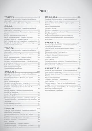 VOGATEX........................................... 5
Aplicação ideal, dimensões, características básicas,
observações importantes.................................................6
O que você precisa saber sobre a Vogatex.....................7
OLINDA..............................................11
Aplicação ideal, dimensões, características básicas,
observações importantes...............................................12
Características técnicas / Normas para projeto.............13
Fixação...........................................................................14
Fixação / Quantificação de cobertura.............................15
Peças complementares / Cumeeira articulada...............16
Cumeeira universal / Cumeeira normal..........................17
Rufo / Espigão universal e espigão universal de início..18
Espigão de aba plana / Instruções para montagem.......19
Armazenamento e manuseio.........................................20
TROPICAL........................................ 21
Aplicação ideal, dimensões, características básicas,
observações importantes...............................................22
Características técnicas / Normas para projeto.............23
Fixação...........................................................................24
Peças complementares / Cumeeira normal...................26
Cumeeira universal / Cumeeira articulada.....................27
Cumeeira articulada de ventilação / Espigão universal
e universal de início........................................................28
Rufo / Placa de ventilação para cumeeiras....................29
Instruções para montagem.............................................30
Armazenamento e manuseio.........................................32
ONDULADA...................................... 33
Aplicação ideal, dimensões, características básicas,
observações importantes...............................................34
Características técnicas / Normas para projeto.............35
Fixação...........................................................................39
Peças complementares..................................................41
Cumeeira normal / Cumeeira universal..........................42
Cumeeira shed / Cumeeira shed terminal......................43
Cumeeira articulada / Cumeeira articulada de
ventilação.......................................................................44
Espigão universal e espigão universal de início /
Espigão de aba plana.....................................................45
Aresta / Terminal beiral...................................................46
Cantoneira / Rufo...........................................................47
Placa de ventilação cumeeiras / Telha de ventilação.....48
Telha de claraboia / Cumeeira normal com lanternim....49
Veneziana.......................................................................50
Instruções para montagem.............................................51
Armazenamento e manuseio.........................................52
ETERMAX......................................... 53
Aplicação ideal, dimensões, características básicas,
observações importantes...............................................54
Características técnicas / Normas para projeto.............55
Fixação...........................................................................56
Cumeeira normal / Cumeeira articulada.........................57
Cumeeira lanternim / Cumeeira shed.............................58
Rufo / Terminal...............................................................59
Telha de claraboia / Pingadeira plástica /
Placa de ventilação / Instruções para montagem..........60
Armazenamento e manuseio.........................................62
MODULADA...................................... 63
Aplicação ideal, dimensões, características básicas,
observações importantes...............................................64
Características técnicas / Normas para projeto.............65
Fixação...........................................................................67
Peças complementares..................................................68
Cumeeira normal............................................................69
Cumeeira articulada.......................................................70
Espigão normal e normal inicial / Rufo...........................71
Pingadeira plástica.........................................................73
Regras básicas para manutenção do telhado................74
Regras básicas para fixação / Armazenamento
e manuseio.....................................................................75
CANALETE 49.................................. 77
Aplicação ideal, dimensões, características básicas,
observações importantes...............................................78
Características técnicas / Normas para projeto.............79
Fixação...........................................................................81
Cálculo da medida “A” dos ganchos /
Peças complementares..................................................82
Cumeeira normal e cumeeira terminal...........................83
Cumeeira articulada.......................................................84
Rufo / Tampão................................................................85
Placa de ventilação / Afastador / Pingadeira plástica.....86
Instruções para montagem.............................................87
Armazenamento e manuseio.........................................88
CANALETE 90.................................. 89
Aplicação ideal, dimensões, características básicas,
observações importantes...............................................90
Características técnicas / Normas para projeto.............91
Fixação...........................................................................94
Peças complementares................................................100
Cumeeira articulada / Cumeeira shed..........................101
Rufo / Tampão..............................................................103
Placa pingadeira / Placa de ventilação e placa de
vedação nervura...........................................................104
Placa de vedação (normal) / Placa de vedação (invertida)/
Instruções para montagem...........................................105
Armazenamento e manuseio.......................................109
Índice
 