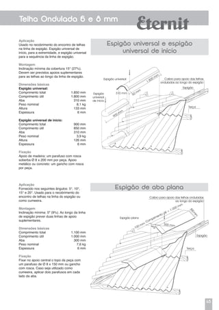 45
Telha Ondulada 6 e 8 mm
Aplicação
Usado no recobrimento do encontro de telhas
na linha de espigão. Espigão universal de
início, para a extremidade, e espigão universal
para a sequência da linha de espigão.
Montagem
Inclinação mínima da cobertura 15° (27%).
Devem ser previstos apoios suplementares
para as telhas ao longo da linha de espigão.
Dimensões básicas
Espigão universal:
Comprimento total 	 1.850 mm
Comprimento útil 	 1.800 mm
Aba	 310 mm
Peso nominal 	 8,1 kg
Altura	 133 mm
Espessura	 6 mm
Espigão universal de início:
Comprimento total 	 900 mm
Comprimento útil 	 850 mm
Aba	 310 mm
Peso nominal 	 3,9 kg
Altura	 126 mm
Espessura	 6 mm
Fixação
Apoio de madeira: um parafuso com rosca
soberba Ø 8 x 200 mm por peça. Apoio
metálico ou concreto: um gancho com rosca
por peça.
Aplicação
Fornecido nos seguintes ângulos: 5°, 10°,
15° e 20°. Usado para o recobrimento do
encontro de telhas na linha do espigão ou
como cumeeira.
Montagem
Inclinação mínima: 5º (9%). Ao longo da linha
de espigão prever duas linhas de apoio
suplementares.
Dimensões básicas
Comprimento total 	 1.100 mm
Comprimento útil 	 1.000 mm
Aba 	 300 mm
Peso nominal 	 7,6 kg
Espessura 	 6 mm
Fixação
Fixar no apoio central o topo da peça com
um parafuso de Ø 8 x 150 mm ou gancho
com rosca. Caso seja utilizado como
cumeeira, aplicar dois parafusos em cada
lado da aba.
Espigão universal e espigão
universal de início
Espigão de aba plana
Caibro para apoio das telhas
onduladas ao longo do espigão
Espigão
Terça
Espigão universal
Espigão
universal
de início
1.800 mm
50 mm
310 mm
900 mm
Caibro para apoio das telhas onduladas
ao longo do espigão
Espigão
Terça
Espigão plano
Comprimento útil = 1.000 mm
100 mm 300 mm
a
300m
m
 