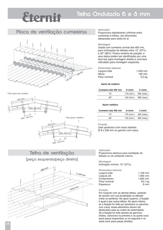 48
Telha Ondulada 6 e 8 mm
Aplicação
Proporciona afastamento uniforme entre
cumeeiras e telhas, nas dimensões
adequadas para saída do ar.
Montagem
Usada com cumeeira normal aba 400 mm,
para inclinações de telhado entre 15° (27%)
e 20° (36%). Possui simetria de posição, e
seus lados podem ser identificados por uma
face lisa (para montagem direita) e uma face
reticulada (para montagem esquerda).
Dimensões básicas
Largura total	 1.040 mm
Altura	 105 mm
Peso nominal	 0,5 kg
Aplicação
Proporciona abertura para ventilação do
telhado ou do ambiente interno.
Montagem
Inclinação mínima: 15° (27%).
Dimensões básicas
Largura total	 1.100 mm
Largura útil	 1.050 mm
Comprimento	 1.830 mm
Peso nominal	 33,1 kg
Espessura	 8 mm
Fixação
Em conjunto com as demais telhas, variando
de acordo com sua localização no telhado
(meio ou periferia). No apoio superior, a fixação
é igual à das outras telhas. No apoio inferior,
se a fixação for feita por parafusos ou ganchos
com rosca, esses elementos devem ser
deslocados para as ondas de extremidade.
Se a fixação for feita através de ganchos
chatos, colocá-los na primeira e na quinta cava
(para peças esquerdas) ou na segunda e na
sexta cava (para peças direitas).
Placa de ventilação cumeeiras
Telha de ventilação
(peça esquerda/peça direita)
Apoio de madeira
Cumeeira aba 400 mm A (mm) C (mm)
15° 170 (mín.) 395 (máx.)
20° 155 (mín.) 390 (máx.)
Apoio metálico
Cumeeira aba 400 mm A (mm) 3 (mm)
15° 170 (mín.) 405 (máx.)
20° 155 (mín.) 395 (máx.)
Fixação
Usar parafusos com rosca soberba
Ø 8 x 230 mm ou gancho com rosca.
Para apoio de madeira
400 mm
A
Máx. 100 mm
Máx. 200 mm
D
Para apoio metálico
400 mm
A
Máx. 100 mm
Máx. 200 mm
D
 