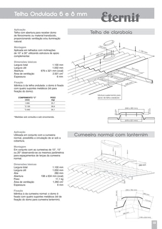 49
Telha Ondulada 6 e 8 mm
(198 x 634 mm)
280 mm
a
Aplicação
Telha com abertura para receber domo
de fibrocimento ou material translúcido,
proporcionando ventilação e/ou iluminação
natural.
Montagem
Aplicada em telhados com inclinações
de 10° a 30° utilizando estrutura de apoio
complementar.
Dimensões básicas
Largura total 	 1.100 mm
Largura útil 	 1.050 mm
Abertura	 676 x 321 mm (oval)
Área de ventilação	 2.501 cm2
Espessura	 6 mm
Fixação
Idêntica à da telha ondulada: o domo é fixado
com quatro suportes metálicos (kit para
fixação do domo).
Aplicação
Utilizada em conjunto com a cumeeira
normal, possibilita a circulação de ar sob a
cobertura.
Montagem
Em conjunto com as cumeeiras de 10°, 15°
ou 20° observando-se os mesmos parâmetros
para espaçamentos de terças da cumeeira
normal.
Dimensões básicas
Largura total 	 1.100 mm
Largura útil 	 1.050 mm
Aba	 280 mm
Abertura	 198 x 634 mm (oval)
Peso	 11,1 kg
Área de ventilação	 1.260 cm2
Espessura	 6 mm
Fixação
Idêntica à da cumeeira normal: o domo é
fixado com quatro suportes metálicos (kit de
fixação do domo para cumeeira lanternim).
Cumeeira normal com lanternim
Telha de claraboia
Estrutura suplementar para
apoio de telha claraboia
940 mm
531 mm
1.100 mm
333 mm
688 mm
(840 x 485 mm)
(676 x 321 mm)
20mm
60mm
(350 x 786 mm)
280 mm
110 mm
20mm34mm
COMPRIMENTO "C"
(mm)
PESO
(kg)
1.830 25,7
*2.130 29,9
*2.440 34,1
*Medidas sob consulta e sob encomenda.
C
 