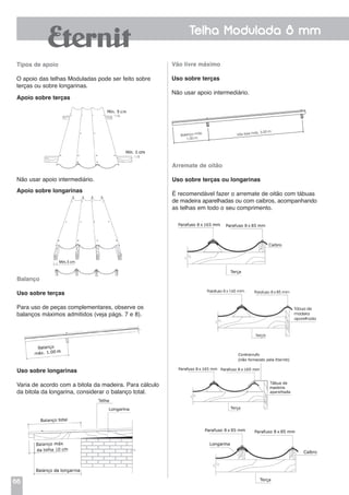 66
Telha Modulada 8 mm
Tipos de apoio
O apoio das telhas Moduladas pode ser feito sobre
terças ou sobre longarinas.
Arremate de oitão
Uso sobre terças ou longarinas
É recomendável fazer o arremate de oitão com tábuas
de madeira aparelhadas ou com caibros, acompanhando
as telhas em todo o seu comprimento.
Balanço
Uso sobre terças
Para uso de peças complementares, observe os
balanços máximos admitidos (veja págs. 7 e 8).
Uso sobre longarinas
Varia de acordo com a bitola da madeira. Para cálculo
da bitola da longarina, considerar o balanço total.
Apoio sobre terças
Não usar apoio intermediário.
Apoio sobre longarinas
Vão livre máximo
Uso sobre terças
Não usar apoio intermediário.
2,5KN*
Balanço máx.
1,00 m
Vão livre máx. 3,00 m
1KN*
 