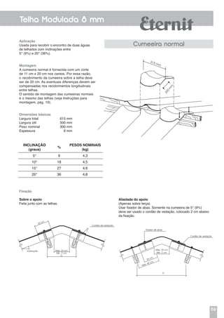 69
Telha Modulada 8 mm
Aplicação
Usada para recobrir o encontro de duas águas
de telhados com inclinações entre
5° (9%) e 20° (36%).
Montagem
A cumeeira normal é fornecida com um corte
de 11 cm x 20 cm nos cantos. Por essa razão,
o recobrimento da cumeeira sobre a telha deve
ser de 20 cm. As eventuais diferenças devem ser
compensadas nos recobrimentos longitudinais
entre telhas.
O sentido de montagem das cumeeiras normais
é o mesmo das telhas (veja Instruções para
montagem, pág. 10).
Dimensões básicas
Largura total	 615 mm
Largura útil	 500 mm
Peso nominal	 300 mm
Espessura	 6 mm
Afastada do apoio
(Apenas sobre terça)
Usar fixador de abas. Somente na cumeeira de 5° (9%)
deve ser usado o cordão de vedação, colocado 2 cm abaixo
da fixação.
Fixação
Sobre o apoio
Feita junto com as telhas.
Cumeeira normal
Inclinação
(graus)
%
Pesos nominais
(kg)
5° 9 4,3
10° 18 4,5
15° 27 4,6
20° 36 4,8
615 mm
300
m
m
Máx. 20 cm
Mín. 2 cm
D
Inclinação
20 cm
Cordão de vedação
Cordão de vedação
Fixador de abas
Máx. 20 cm
Mín. 2 cm
20 cm
Máx. 60 cm
D
 