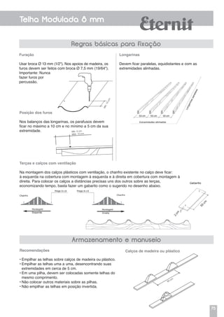 75
Telha Modulada 8 mm
Armazenamento e manuseio
Recomendações
•	Empilhar as telhas sobre calços de madeira ou plástico.
•	Empilhar as telhas uma a uma, desencontrando suas
extremidades em cerca de 5 cm.
•	Em uma pilha, devem ser colocadas somente telhas do
mesmo comprimento.
•	Não colocar outros materiais sobre as pilhas.
•	Não empilhar as telhas em posição invertida.
Calços de madeira ou plástico
Regras básicas para fixação
Terças e calços com ventilação
Na montagem dos calços plásticos com ventilação, o chanfro existente no calço deve ficar:
à esquerda na cobertura com montagem à esquerda e à direita em cobertura com montagem à
direita. Para colocar os calços a distâncias precisas uns dos outros sobre as terças,
economizando tempo, basta fazer um gabarito como o sugerido no desenho abaixo.
Furação
Usar broca Ø 13 mm (1/2"). Nos apoios de madeira, os
furos devem ser feitos com broca Ø 7,5 mm (19/64").
Importante: Nunca
fazer furos por
percussão.
Longarinas
Devem ficar paralelas, equidistantes e com as
extremidades alinhadas.
Posição dos furos
Nos balanços das longarinas, os parafusos devem
ficar no máximo a 10 cm e no mínimo a 5 cm da sua
extremidade. Mín. 5 cm
Máx. 10 cm
Mín.10cm
50 cm
 
