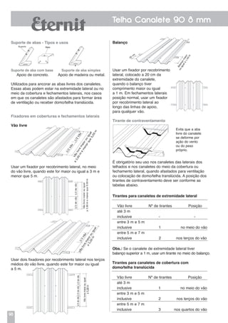 98
Telha Canalete 90 8 mm
Obs.: Se o canalete de extremidade lateral tiver
balanço superior a 1 m, usar um tirante no meio do balanço.
Tirantes para canaletes de extremidade lateral
Vão livre Nº de tirantes Posição
até 3 m
inclusive - -
entre 3 m e 5 m
inclusive 1 no meio do vão
entre 5 m e 7 m
inclusive 2 nos terços do vão
Tirantes para canaletes de cobertura com
domo/telha translúcida
Vão livre Nº de tirantes Posição
até 3 m
inclusive 1 no meio do vão
entre 3 m e 5 m
inclusive 2 nos terços do vão
entre 5 m e 7 m
inclusive 3 nos quartos do vão
Evita que a aba
livre do canalete
se deforme por
ação do vento
ou do peso
próprio.
Balanço
Usar um fixador por recobrimento
lateral, colocado a 20 cm da
extremidade do canalete,
quando o balanço tiver
comprimento maior ou igual
a 1 m. Em fechamentos laterais
posição normal, usar um fixador
por recobrimento lateral ao
longo das linhas de apoio,
para qualquer vão.
Tirante de contraventamento
É obrigatório seu uso nos canaletes das laterais dos
telhados e nos canaletes do meio da cobertura ou
fechamento lateral, quando afastados para ventilação
ou colocação de domo/telha translúcida. A posição dos
tirantes de contraventamento deve ser conforme as
tabelas abaixo.
Suporte de abas - Tipos e usos
Suporte de aba com base Suporte de aba simples
Apoio de concreto. Apoio de madeira ou metal.
Utilizados para ancorar as abas livres dos canaletes.
Essas abas podem estar na extremidade lateral ou no
meio da cobertura e fechamentos laterais, nos casos
em que os canaletes são afastados para formar área
de ventilação ou receber domo/telha translúcida.
Fixadores em coberturas e fechamentos laterais
Vão livre
Usar um fixador por recobrimento lateral, no meio
do vão livre, quando este for maior ou igual a 3 m e
menor que 5 m.
Usar dois fixadores por recobrimento lateral nos terços
médios do vão livre, quando este for maior ou igual
a 5 m.
 