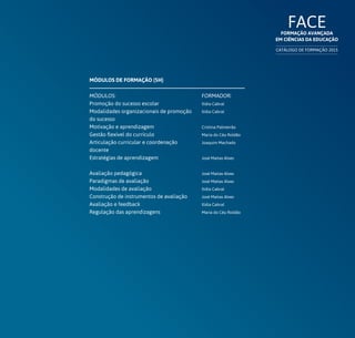 Módulos:
Promoção do sucesso escolar
Modalidades organizacionais de promoção
do sucesso
Motivação e aprendizagem
Gestão flexível do currículo
Articulação curricular e coordenação
docente
Estratégias de aprendizagem
Avaliação pedagógica
Paradigmas de avaliação
Modalidades de avaliação
Construção de instrumentos de avaliação
Avaliação e feedback
Regulação das aprendizagens
FORMADOR:
Ilídia Cabral
Ilídia Cabral
Cristina Palmeirão
Maria do Céu Roldão
Joaquim Machado
José Matias Alves
José Matias Alves
José Matias Alves
Ilídia Cabral
José Matias Alves
Ilídia Cabral
Maria do Céu Roldão
FACEFormação Avançada
em Ciências da Educação
CATÁLOGO DE FORMAÇÃO 2015
MÓDULOS DE FORMAÇÃO (5H)
 