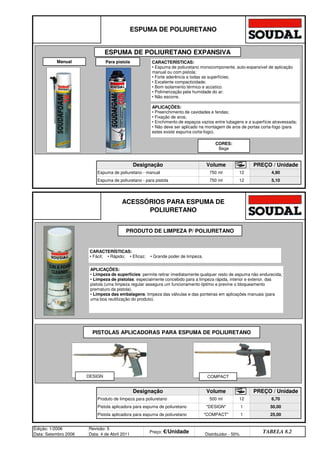 Pistola aplicadora para espuma de poliuretano COMPACT 1 25,00
Edição: 1/2006
Data: Setembro 2006
Revisão: 5
Data: 4 de Abril 2011
Preço: €/Unidade Distribuidor - 50%
TABELA 8.2
Produto de limpeza para poliuretano 500 ml 12 6,70
Pistola aplicadora para espuma de poliuretano DESIGN 1 50,00
ACESSÓRIOS PARA ESPUMA DE
POLIURETANO
Designação Volume PREÇO / Unidade
Espuma de poliuretano - manual 750 ml 12 4,90
Espuma de poliuretano - para pistola 750 ml 12 5,10
ESPUMA DE POLIURETANO
Designação Volume PREÇO / Unidade
CORES:
Bege
CARACTERÍSTICAS:
• Espuma de poliuretano monocomponente, auto-expansível de aplicação
manual ou com pistola;
• Forte aderência a todas as superfícies;
• Excelente compacticidade;
• Bom isolamento térmico e acústico.
• Polimerização pela humidade do ar;
• Não escorre.
APLICAÇÕES:
• Preenchimento de cavidades e fendas;
• Fixação de aros;
• Enchimento de espaços vazios entre tubagens e a superfície atravessada;
• Não deve ser aplicado na montagem de aros de portas corta-fogo (para
estes existe espuma corta-fogo).
CARACTERÍSTICAS:
• Fácil; • Rápido; • Eficaz; • Grande poder de limpeza.
APLICAÇÕES:
• Limpeza de superfícies: permite retirar imediatamente qualquer resto de espuma não endurecida;
• Limpeza de pistolas: especialmente concebido para a limpeza rápida, interior e exterior, das
pistola (uma limpeza regular assegura um funcionamento óptimo e previne o bloqueamento
prematuro da pistola).
• Limpeza das embalagens: limpeza das válvulas e das ponteiras em aplicações manuais (para
uma boa reutilização do produto).
ESPUMA DE POLIURETANO EXPANSIVA
PRODUTO DE LIMPEZA P/ POLIURETANO
PISTOLAS APLICADORAS PARA ESPUMA DE POLIURETANO
Para pistola
Manual
COMPACT
DESIGN
q SEGUINTE p ANTERIOR ÍNDICE IMPRIMIR ESTA PÁGINA
q SEGUINTE p ANTERIOR ÍNDICE IMPRIMIR ESTA PÁGINA
 