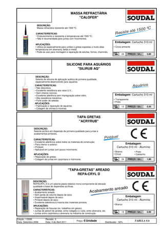 Edição: 1/2006
Data: Setembro 2006
Revisão: 3
Data: 4 de Abril 2011
Preço: €/Unidade Distribuidor - 50%
TABELA 8.6
TAPA-GRETAS AREADO
REPA-CRYL D
Embalagem:
Cartucho 310 ml - Alumínio
15 PREÇO / Un.: 2,60
TAPA GRETAS
ACRYRUB
Embalagem:
Cartucho 310 ml - Alumínio
24 PREÇO / Un.: 1,80
SILICONE PARA AQUÁRIOS
SILIRUB AQ
Embalagem: Cartucho 310 ml
12 PREÇO / Un.: 5,50
MASSA REFRACTÁRIA
CALOFER
Embalagem: Cartucho 310 ml
24 PREÇO / Un.: 3,80
• Cinza antracite
• Transparente
• Preto
Resiste até 1500 ºC
Aquários
CARACTERÍSTICAS:
• Endurecimento e resistente a temperaturas até 1500 ºC;
• Não é recomendada para juntas com movimentos.
APLICAÇÕES:
• Utiliza-se especialmente para uniões e gretas expostas a muito altas
temperaturas em alvenaria, betão e metal;
• Pode-se usar para montagem e reparação de estufas, fornos, chaminés,
DESCRIÇÃO:
Massa refractária resistente até 1500 ºC.
CARACTERÍSTICAS:
• Não descolora;
• Excelente resistência aos raios U.V.;
• Sem cheiros nocivos;
• Excelente aderência sem impregnação sobre vidro;
• Alta resistência mecânica;
• Forte poder de adesão.
APLICAÇÕES:
• Fabricação e reparação de aquários;
• Colagem de vitrines e montras.
DESCRIÇÃO:
Selante de silicone de aplicação acética de primeira qualidade,
especialmente desenvolvido para aquários.
• Branco
CARACTERÍSTICAS:
• Acabamento areado.
• Sem perda de volume depois de seco.
• Impermeável depois de seco.
• Pintável depois de seco.
• Excelente aderência à maioria dos materiais porosos.
APLICAÇÕES:
• Reparação de fissuras (ex. trabalhos em gesso).
• Juntas de peitoril de janelas, entre rodapés e o solo, entre alvenaria, etc.
• Juntas entre carpintaria e alvenaria na indústria de construção.
DESCRIÇÃO:
REPACRYL-D é um selante plasto-elástico mono-componente de elevada
qualidade à base de dispersões acrílicas.
• Branco
• Cinza
• Preto
• Castanho
CARACTERÍSTICAS:
• Excelente aderência sobre todos os materiais de construção;
• Para interior e exterior;
• Pintável;
• Aplicável em juntas com pouco movimento.
APLICAÇÕES:
• Reparação de gretas;
• Colagem de juntas em carpintaria e mármores.
DESCRIÇÃO:
Selante acrílico em dispersão de primeira qualidade para juntas e
acabamentos pintáveis.
Pintável
Acabamento areado
q SEGUINTE p ANTERIOR ÍNDICE IMPRIMIR ESTA PÁGINA
q SEGUINTE p ANTERIOR ÍNDICE IMPRIMIR ESTA PÁGINA
 