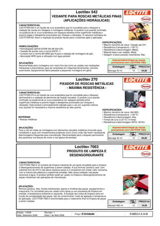Aerosol 400 ml 12 16,00
Edição: 1/2006
Data: Setembro 2006
Revisão: 1
Data:1 de Abril 2008
Preço: €/Unidade Distribuidor - 50%
TABELA 8.14 B
Loctite® 7063
PRODUTO DE LIMPEZA E
DESENGORDURANTE
Embalagem PREÇO/Un
Embalagem PREÇO/Un
Bisnaga 50 ml 12 60,00
Bisnaga 50 ml 12 34,00
Loctite® 270
FIXADOR DE ROSCAS METÁLICAS
- MÁXIMA RESISTÊNCIA -
Loctite® 542
VEDANTE PARA ROSCAS METÁLICAS FINAS
(APLICAÇÕES HIDRÁULICAS)
Embalagem PREÇO/Un
APLICAÇÕES:
Recomendado para montagens com rosca fina tais como as usadas nas instalações
hidráulicas e pneumáticas, para as conecções em máquinas-ferramentas, veículos
automóveis, equipamentos fabris pesados e pequenas montagens em geral.
CARACTERÍSTICAS:
LOCTITE® 542 é um líquido de cura anaeróbica que foi concebido para o bloqueio e
vedação de roscas em tubagens e montagens metálicas. O produto cura quando confinado
na ausência de ar (cura anaeróbica) em espaços estreitos entre superfícies metálicas e
previne folgas e desapertos provocados por choques e vibrações. A natureza tixotrópica do
LOCTITE® 542 reduz a migração do produto líquido para o substrato após a aplicação .
HOMOLOGAÇÕES:
• Homologação alemã DVGW (No.96.02e125);
• Testado de acordo com a norma EN751-1;
• Cumpre com a norma BS 6956 tipo A para a vedação de montagens de gás;
• Aprovação WRC para a utilização com água potável.
APLICAÇÕES:
Para o uso em todas as montagens com elementos roscados metálicos (incluindo aços
inoxidáveis e aços com revestimentos protetores como zinco) onde não forem necessárias
desmontagens frequentes para manutenção. Recomendado para o bloqueio permanente
dos parafusos nos blocos de motor e nos apoios de bombas.
CARACTERÍSTICAS:
LOCTITE® 270 é um líquido de cura anaeróbica que foi concebido para o bloqueio
permanente e a vedação de elementos de fixação roscados. O produto cura quando
confinado na ausência de ar (cura anaeróbica) em espaços estreitos entre
superfícies metálicas e previne folgas e desapertos provocados por choques e
vibrações. Este produto é principalmente indicado para o uso em suportes inativos
e/ou quando for necessária a máxima resistência ao óleo quente.
MATERIAIS:
• Roscas metálicas
APLICAÇÕES:
Remove gordura, óleo, fluídos lubrificantes, aparas e limalhas das peças, equipamentos e
maquinaria. Foi concebido para ser usado como spray ou em processos de limpeza em
imersão, à temperatura ambiente ou aquecido. A duração dos ciclos de limpeza varia em
função da complexidade das peças, tipo de contaminante, modo de agitação e temperatura
de aplicação. LOCTITE® 7063 é recomendado para o tratamento final na limpeza de peças
a serem coladas.
CARACTERÍSTICAS:
LOCTITE® 7063 é um produto de limpeza industrial de uso geral concebido para a limpeza
e desengorduramento de superfícies a serem coladas. A sua fórmula pronta a usar com
solvente livre de CFC's não deixa resíduos secos e é compatível com metal, vidro, borracha,
com a maioria dos plásticos e superfícies pintadas. Não causa oxidação nas peças
sensíveis à água. O produto também pode ser usado na limpeza e desengorduramento de
peças mecânicas nas operações de manutenção.
ESPECIFICAÇÕES:
• Máximo tamanho de rosca: Testado até 3/4;
• Resistência à temperatura: +150 ºC;
• Resistência à desmontagem: Média;
• Material base a ser vedado: Metal;
• Selagem a baixa pressão instantânea: Não.
ESPECIFICAÇÕES:
• Máximo tamanho de rosca: Até M20;
• Resistência à temperatura: +150 ºC;
• Resistência à desmontagem: Alta;
• Tempo de cura (a 22 ºC): 6 horas;
• Resistência à desmontagem (M10): 38 Nm.
Imprescindível limpar as roscas
previamente com LOCTITE® 7063.
Imprescindível limpar as roscas
previamente com LOCTITE® 7063.
q SEGUINTE p ANTERIOR ÍNDICE IMPRIMIR ESTA PÁGINA
q SEGUINTE p ANTERIOR ÍNDICE IMPRIMIR ESTA PÁGINA
 