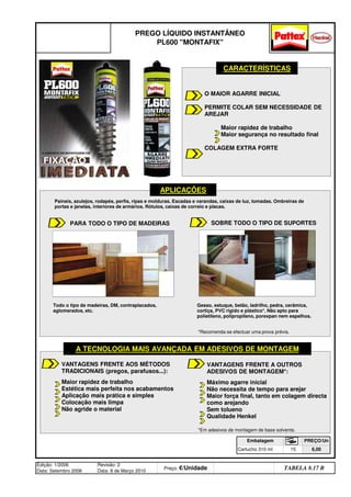 Cartucho 310 ml 15 6,00
Edição: 1/2006
Data: Setembro 2006
Revisão: 2
Data: 8 de Março 2010
Preço: €/Unidade Distribuidor - 50%
TABELA 8.17 B
PREGO LÍQUIDO INSTANTÂNEO
PL600 MONTAFIX
Embalagem PREÇO/Un
Paineis, azulejos, rodapés, perfis, ripas e molduras. Escadas e varandas, caixas de luz, tomadas. Ombreiras de
portas e janelas, interiores de armários. Rótulos, caixas de correio e placas.
O MAIOR AGARRE INICIAL
PERMITE COLAR SEM NECESSIDADE DE
AREJAR
Maior rapidez de trabalho
Maior segurança no resultado final
COLAGEM EXTRA FORTE
APLICAÇÕES
PARA TODO O TIPO DE MADEIRAS
CARACTERÍSTICAS
SOBRE TODO O TIPO DE SUPORTES
Todo o tipo de madeiras, DM, contraplacados,
aglomerados, etc.
Gesso, estuque, betão, ladrilho, pedra, cerâmica,
cortiça, PVC rígido e plástico*. Não apto para
polietileno, polipropileno, porexpan nem espelhos.
*Recomenda-se efectuar uma prova prévia.
VANTAGENS FRENTE AOS MÉTODOS
TRADICIONAIS (pregos, parafusos...):
Maior rapidez de trabalho
Estética mais perfeita nos acabamentos
Aplicação mais prática e simples
Colocação mais limpa
Não agride o material
VANTAGENS FRENTE A OUTROS
ADESIVOS DE MONTAGEM*:
Máximo agarre inicial
Não necessita de tempo para arejar
Maior força final, tanto em colagem directa
como arejando
Sem tolueno
Qualidade Henkel
A TECNOLOGIA MAIS AVANÇADA EM ADESIVOS DE MONTAGEM
*Em adesivos de montagem de base solvente.
q SEGUINTE p ANTERIOR ÍNDICE IMPRIMIR ESTA PÁGINA
q SEGUINTE p ANTERIOR ÍNDICE IMPRIMIR ESTA PÁGINA
 