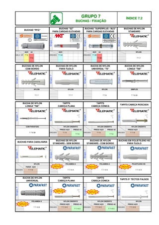 GRUPO 7
BUCHAS / FIXAÇÃO
ÍNDICE 7.2
BUCHAS "PFG"
BUCHAS "SZ"
PARA CARGAS ELEVADAS
BUCHAS "SUPERPLUS - BLS"
PARA CARGAS ELEVADAS
BUCHAS DE NYLON
STANDARD
Grupo:
7
AÇO A4 AÇO
Grupo:
7
Grupo:
7
Grupo:
7
NYLON
AÇO
GALV. DIF. T7.6
T7.6
A4
T 7.7
ZINCADO T7.6B
T7.6B
ZINCADO T7.6A
BUCHAS DE NYLON
COM BORDO
BUCHAS DE NYLON
PARA TIJOLO
BUCHA DE NYLON
UNIVERSAL "T6"
BUCHA DE NYLON
LONGA "T88"
Grupo:
7
Grupo:
7
Grupo:
7
Grupo:
7
NYLON NYLON NYLON SIMPLES
BUCHA DE NYLON
LONGA "T88"
TAPITS
CABEÇA PLANA
TAPITS
CABEÇA CÓNICA
Grupo:
7
Grupo:
7
T 7.8 0A
T 7.7 T 7.7 T 7.8
TAPITS CABEÇA ROSCADA
BUCHAS PARA CAIXILHARIA
BUCHAS EM POLIETILENO HD
PARA TIJOLO
Grupo:
7
Grupo:
7
ZINCADO T 7.9
T 7.9
PREGO AÇO PREGO A2 PREGO AÇO PREGO A2
ZINCADO T 7.9
T 7.9
Grupo:
7
COM PARAFUSO
ZINCADO T 7.10
ZINCADO T 7.10
PREGO AÇO
PARAF. AÇO
BUCHAS DE NYLON
STANDARD - SEM BORDO
Grupo:
7
Grupo:
7
NYLON CINZENTO
NYLON POLIETILENO HD
NYLON CINZENTO NYLON CINZENTO
T 7.8 0B
BUCHA DE NYLON
UNIVERSAL
TAPITS
CABEÇA PLANA
TAPITS
CABEÇA CÓNICA
Grupo:
7
Grupo:
7
Grupo:
7
PREGO AÇO PREGO A2
NYLON CINZENTO NYLON
Grupo:
7
NYLON CINZENTO
BUCHAS DE NYLON
STANDARD - COM BORDO
Grupo:
7
POLIAMIDA 6
ZINCADO T 7.10 C ZINCADO
T 7.10 A T 7.10 A
POLIAMIDA 6
T 7.10 A
POLIAMIDA 6
T 7.10 B
T 7.10 C
PREGO AÇO PREGO A2
T 7.10 C
T 7.10 C
TAPITS P/ TECTOS FALSOS
ZINCADO
PREGO AÇO
T 7.10 D
®
® ® ® ®
® ® ® ®
®
NOVO NOVO NOVO
NOVO
NOVO NOVO
q SEGUINTE p ANTERIOR IMPRIMIR ESTA PÁGINA
q SEGUINTE p ANTERIOR IMPRIMIR ESTA PÁGINA
 