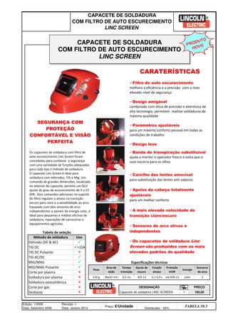 1 160,00
CAPACETE DE SOLDADURA
COM FILTRO DE AUTO ESCURECIMENTO
LINC SCREEN
DESIGNAÇÃO
Capacete de soldadura LINC SCREEN
TABELA 10.3
Preço: €/Unidade
Edição: 1/2006
Data: Setembro 2006
Revisão: 1
Data: Janeiro 2012 Distribuidor - 50%
Método de soldadura
Elétrodo (DC  AC)
TIG DC
PREÇO
Soldadura por plasma












TIG DC Pulsante
TIG AC/DC
MIG/MAG








Soldadura oxiacetilénica
Corte por gás
Desbaste












MIG/MAG Pulsante
Corte por plasma
2
516 g
Peso
Área de
visão
Tempo
transição
Ajuste de
escuro
96x42 mm 0,5 ms 4/9-13 0,1-0,9 s até DIN 13 solar
Função
atraso
Proteção
UVIR
Energia
Sensores
de arco
Especificações técnicas
Tabela de seleção
Uso







15A




CAPACETE DE SOLDADURA
COM FILTRO DE AUTO ESCURECIMENTO
LINC SCREEN
CARATERÍSTICAS
Filtro de auto escurecimento
melhora a eficiência e a precisão com o mais
elevado nível de segurança
Design amigável
combinado com ótica de precisão e eletrónica de
alta tecnologia, permitem realizar soldaduras de
máxima qualidade
Parámetros ajustáveis
para um máximo conforto pessoal em todas as
condições de trabalho
Design leve
Banda de transpiração substituivel
ajuda a manter o operador fresco e evita que o
suor escorra para os olhos
Caixilho das lentes amovível
para substituição das lentes anti salpicos
Apoios da cabeça totalmente
ajustáveis
para um melhor conforto
Sensores de arco ativos e
independentes
A mais elevada velocidade de
transição claro/escuro
Os capacetes de soldadura Linc
Screen são produzidos com os mais
elevados padrões de qualidade
SEGURANÇA COM
PROTEÇÃO
CONFORTÁVEL E VISÃO
PERFEITA
Os capacetes de soldadura com filtro de
auto escurecimento Linc Screen foram
concebidos para combinar a segurança
com uma variedade de funções adequadas
para cada tipo e método de soldadura.
O capacete Linc Screen é ideal para
soldadura com elétrodos, TIG e Mig. Um
comando de grandes dimensões, localizado
no exterior do capacete, permite um fácil
ajuste do grau de escurecimento de 9 a 13
DIN. Dois comandos adicionais no suporte
do filtro regulam o atraso na transição
escuro para claro e a sensibilidade ao arco.
Equipado com dois sensores de arco
independentes e paineis de energia solar, é
ideal para pequenas e médias oficinas de
soldadura, reparações de carrocerias e
equipamentos agrícolas.
PRODUTO
NOVO
q SEGUINTE p ANTERIOR ÍNDICE IMPRIMIR ESTA PÁGINA
q SEGUINTE p ANTERIOR ÍNDICE IMPRIMIR ESTA PÁGINA
 