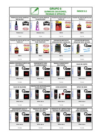 ANTI-ADERENTE
PARA SOLDADURA
Grupo:
8
PRODUTO DE LIMPEZA PARA
TRAVÕES E EMBRAIAGENS
Grupo:
8
T 8.18 B
SPRAY 400 ml
T 8.18 B
SPRAY 400 ml
T 8.18 B
T 8.18 A
Grupo:
8
SPRAY 400 ml
ÓLEO DE SILICONE
SPRAY 400 ml
PRODUTO DE LIMPEZA
PARA AÇO INOX
Grupo:
8
T 8.18 A
MASSA COM BISULFURETO DE
MOLIBDÉNIO
SPRAY 400 ml SPRAY 400 ml
Grupo:
8
Grupo:
8
Grupo:
8
SPRAY 400 ml
T 8.18 A T 8.18 A T 8.18 A
HIGIENIZANTE PARA
AR CONDICIONADO
"MASSA CONSISTENTE"
MULTIUSOS
ÓLEO DE CORTE
Grupo:
8
SPRAY 400 ml
T 8.16
T 8.18 A T 8.18 B T 8.18 B
PROTECTOR ANTIFERRUGEM
À BASE DE ÓLEO
AVISO ACÚSTICO SPRAY DE INOX
SPRAY 400 ml SPRAY 400 ml
Grupo:
8
Grupo:
8
Grupo:
8
T 8.17 B
METAL
GRUPO 8
QUÍMICOS (SILICONES,
RESINAS E SPRAYS)
ÍNDICE 8.3
T 8.18 B
DESOXIDANTE SECO P/
CONTACTOS ELECTRÓNICOS
Grupo:
8
SPRAY 400 ml
Vedante de roscas plásticas
"PLASTICLOCK"
BISNAGA 100 ml
FRASCO 50 ml
T 8.16
Vedante de roscas metálicas
"METALOCK"
Grupo:
8
SPRAY 400 ml
T 8.17 A
FIXADOR DE ROSCAS METÁLICAS
"NURAL 53"
FIXADOR DE ROSCAS METÁLICAS
"NURAL 51"
T 8.17 A
FIXADOR DE ROSCAS METÁLICAS
"NURAL 50"
Grupo:
8
PRETO
PREGO LÍQUIDO INSTANTÂNEO
PL600 "MONTAFIX"
EXPOSITOR METÁLICO
SPRAYS DE TINTA - DE BALCÃO
EXPOSITOR METÁLICO
SPRAYS DE TINTA - DE CHÃO
Grupo:
8
Grupo:
8
PRETO
T 8.17 A
METAL
T 8.18 0 T 8.18 0
Grupo:
8
Grupo:
8
PRETO PRETO
Grupo:
8
Grupo:
8
15 16 18 20
21 26 32 33
37 38 39 41
q SEGUINTE p ANTERIOR IMPRIMIR ESTA PÁGINA
q SEGUINTE p ANTERIOR IMPRIMIR ESTA PÁGINA
 