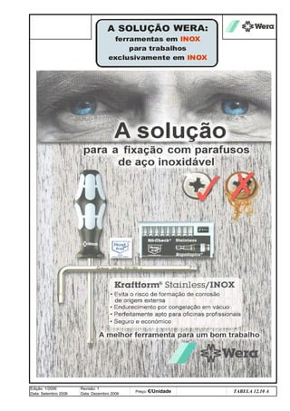 Edição: 1/2006
Data: Setembro 2006
Revisão: 1
Data: Dezembro 2006
TABELA 12.10 A
Preço: €/Unidade
A SOLUÇÃO WERA:
ferramentas em
para trabalhos
exclusivamente em
INOX
INOX
q SEGUINTE p ANTERIOR ÍNDICE IMPRIMIR ESTA PÁGINA
q SEGUINTE p ANTERIOR ÍNDICE IMPRIMIR ESTA PÁGINA
 
