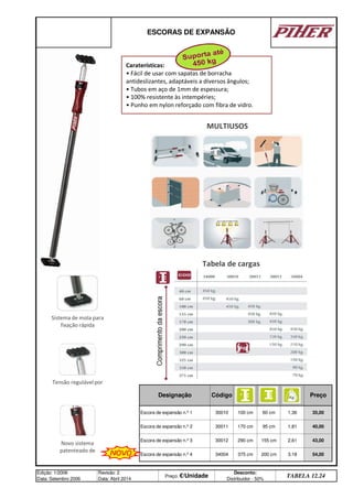 54,00
Edição: 1/2006
Data: Setembro 2006
Revisão: 2
Data: Abril 2014
Preço: €/Unidade
Desconto:
Distribuidor - 50%
TABELA 12.24
Escora de expansão n.º 4 34004 375 cm 200 cm 3,18
Escora de expansão n.º 3 30012 290 cm 155 cm 2,61 43,00
Escora de expansão n.º 2 30011 170 cm 95 cm 1,81 40,00
Preço
Escora de expansão n.º 1 30010 100 cm 60 cm 1,36 35,00
ESCORAS DE EXPANSÃO
Designação Código
Caraterísticas:
• Fácil de usar com sapatas de borracha
antideslizantes, adaptáveis a diversos ângulos;
• Tubos em aço de 1mm de espessura;
• 100% resistente às intempéries;
• Punho em nylon reforçado com fibra de vidro.
Tensão regulável por
Novo sistema
patenteado de
Sistema de mola para
fixação rápida
MULTIUSOS
Tabela de cargas
NOVO
q SEGUINTE p ANTERIOR ÍNDICE IMPRIMIR ESTA PÁGINA
q SEGUINTE p ANTERIOR ÍNDICE IMPRIMIR ESTA PÁGINA
 