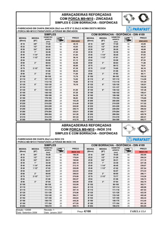 318,28
278,99
305,99
292,57
352,75
133-140 25
Ø 154 147-155 25
Ø 40
Ø 54
Ø 125
Ø 125
Ø 60
Ø 75
Ø 90
25
Ø 100 98-105 25
Ø 84 81-86
2 60-65 25
Ø 75 2 1/2 72-77 25
Ø 60
52-57 25
2 60-65
551,38
81,00
87,26
75,60
78,19
159-166 25
Ø 180
166,30
25
Ø 54 52-57 25
593,85
Ø 204 198-210 25
Ø 110
Ø 115
512,40
452,48
494,34
Ø 140
107-114 25
87-94 25
422,30
407,53
111-118 25
121-128 25
400,96
1
256,02
190,66
Ø 90 3
Ø 40 1 1/4
Ø 48 1 1/2
226,99
25
INOX 316
202,95
PREÇO
184,68
Ø 40
SIMPLES COM BORRACHA - ISOFÓNICA - DIN 4109
153,58
Ø 133 131-137 25
6 138-142
Ø 18
Ø 22
Ø 28
Ø 35
317,52
Ø 140
50
Ø 115 25
Ø 125 25
25
Ø 150
420,77
355,54
206,24
159,41
167,18
105,32
114,59
121,54
126,51
80,16
84,78
88,11
157,46
63,27
67,24
71,86
76,51
52,66
Ø 35 1
16-20 50
21-26 50
26-31
57,63
ZINCADO
43,05
46,03
48,69
25
99-105
68-72 50 65,88
81-86
87-92 25
99-105 25
Ø 100
ABRAÇADEIRAS REFORÇADAS
COM PORCA M8+M10 - INOX 316
SIMPLES E COM BORRACHA - ISOFÓNICAS
255,74
98,82
103,25
214,49
148-152
Ø 160
Ø 35
PREÇO
225,50
94,39
176,64
Ø 315
200,19
33-38 50
430,64
242,03
348,41
357,16
370,96
394,31
133-140 25
325,51
509,74
477,55
332,99
INOX 316
445,26
212,18
43,63
Ø 75 2 1/2 74-80
Ø 110 4 107-112
Ø 28 3/4 26-31 50
87-92
Ø 70
74,52
72,79
Ø 84
67,39
Ø 90 3
25
71,06
50
50
62,86
68-72
81-86
25
25
25
50
50
53-58
60-64
Ø 22 1/2 21-26 50
Ø 18 3/8 16-20 50
TABELA 13.4
Edição: 1/2006
Data: Setembro 2006
Revisão: 1
Data: Janeiro 2007
Preço: €/100
ZINCADO
Ø 54
Ø 60 60-64
45,58
47,52
51,84
56,16
61,13
40,18
ABRAÇADEIRAS REFORÇADAS
COM PORCA M8+M10 - ZINCADAS
SIMPLES E COM BORRACHA - ISOFÓNICAS
PREÇO PREÇO
MEDIDA
[Ømm]
SIMPLES COM BORRACHA - ISOFÓNICA - DIN 4109
25
2
227,36
273,33
239,07
33-38 50
40-45 50
47-52
382,71
336,74
113-118
5 125-130
217,10
257,54
MEDIDA
[Ømm]
MEDIDA
[Ø]
DIÂMETRO
APERTO
[mm]
296,11
Ø 18
Ø 22
Ø 28
3/8
1/2
3/4
MEDIDA
[Ømm]
MEDIDA
[Ø]
DIÂMETRO
APERTO
[mm]
412,78
25
Ø 35 1
Ø 40 1 1/4
Ø 48 1 1/2
341,50
555,77
20-25 50
26-30 50
32-36 50
38-45 25
47-51
25
Ø 280
DIÂMETRO
APERTO
[mm]
17-20 50
279-284
25
53-58
• FABRICADAS EM CHAPA ZINCADA 20x2 mm ATÉ 6 E 20x2,5 ACIMA DESTA MEDIDA
• PORCA M8+M10 E PARAFUSOS LATERAIS M6 ZINCADOS
• FABRICADAS EM CHAPA 20x2 mm INOX 316
• PORCA M8+M10 E PARAFUSOS LATERAIS M6 INOX 316
176,90
460,51
428,76
398,52
381,02
Ø 250 249-254
Ø 110
Ø 115
Ø 48
Ø 54
Ø 60
Ø 75
Ø 300
Ø 315
Ø 350
Ø 160
Ø 180
Ø 200
Ø 220
Ø 225
Ø 250
50
50
50
Ø 280
Ø 125
Ø 133
Ø 140
Ø 150
Ø 90
Ø 100
50
50
50
50
25
25
25
25
25
25
25
25
25
25
25
25
25
25
25
125-130
131-137
DIÂMETRO
APERTO
[mm]
17-20
20-25
26-30
32-36
38-45
47-51
74-80
299-304
314-319
354-359
200-205
215-220
223-228
249-254
1
1 1/4
1 1/2
279-284
138-142
148-152
159-166
179-184
107-112
113-118
MEDIDA
[Ø]
3/8
1/2
3/4
2
2 1/2
3
4
5
6
Ø 70
Ø 84 50 69,34
MEDIDA
[Ømm]
MEDIDA
[Ø]
Ø 18 3/8
Ø 22 1/2
Ø 28 3/4
179-184 25
Ø 200 200-205 25
215-220 25
Ø 225 223-228 25
Ø 220
25
Ø 300 299-304 25
314-319 25
Ø 350 354-359 25
40-45 25
Ø 48 1 1/2 47-52 25
1 1/4
25
2 1/2 72-77 25
81-86 25
Ø 84
3 87-94 25
98-105 25
Ø 100
107-114 25
Ø 110
111-118 25
Ø 115
121-128 25
147-155 25
Ø 140
158-170 25
Ø 154
177-184 25
Ø 160
198-210 25
Ø 180
Ø 204
25
Ø 180 177-184 25
Ø 160 158-170
q SEGUINTE p ANTERIOR IMPRIMIR ESTA PÁGINA
q SEGUINTE p ANTERIOR IMPRIMIR ESTA PÁGINA
ÍNDICE
ÍNDICE
 