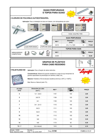 • CLORURO DE POLIVINILO AUTOEXTINGUÍVEL
• POLIETILENO HD
6 2x1 1109
7 2x1 - 2x1,5 1110 100
3,00
1016 100
3,20
Ø CABO
[mm]
Dimensões do cabo
[mm2
]
5
TOPOS PARA GUIA
2x0,75
1107 100 2,90
4
REF.ª
23210
PREÇO
10 170,00
30,00
GUIA PERFURADA
23 x 11 x 1000
REF.ª
100
Dimensões
[mm]
PREÇO
PREÇO
TV - 7
23300
REF.ª
GUIAS PERFURADAS
E TOPOS PARA GUIAS
GRAPAS DE PLÁSTICO
PARA CABO REDONDO
TABELA 13.13
Edição: 1/2006
Data: Setembro 2006
Revisão: 1
Data: 11 de Junho 2007
Preço: €/100
1x1 - 2x0,5
3,50
8 2x2,5 1111 100 3,60
100
1108 100
3,80
10 2x4 1113 100 4,30
9 3x2,5 1112 100
12 3x6 1114 100
14 4x6 1115 50
(Cor natural)
5,30
6,30
4,10
Aplicação: Para a instalação de tubos em bateria, com abraçadeiras de nylon.
Aplicação: Para a fixação de cabos redondos;
Características: Material de grande resistência e prego de aço temperado de
grande capacidade de penetração em ladrilhos, betão, etc.;
Material: Polietileno HD de elevada resistência térmica (-40ºC a +100ºC);
Cor: Branco e Natural (cabo TV).
PRODUTOS
NOVOS
Cores: cinza RAL 7035
ABRAÇADEIRAS
COMPATÍVEIS:
GUIA PERFURADA TOPO DE GUIA
TV
PRODUTOS
NOVOS
p ANTERIOR ÍNDICE IMPRIMIR ESTA PÁGINA
p ANTERIOR ÍNDICE IMPRIMIR ESTA PÁGINA
q SEGUINTE
q SEGUINTE
 