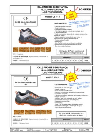 CALÇADO DE SEGURANÇA
QUALIDADE SUPERIOR
-USO PROFISSIONAL-
TIPO B - Bota baixa
CALÇADO DE SEGURANÇA - Biqueira resistente a impactos 200 J e
compressão 15 kN.
TAMANHOS PREÇO
TIPO A - Sapato
42 43 44 45
CLASSE I - Fabricado em couro 37 38 39 40 41 48 27,50
CALÇADO DE SEGURANÇA
QUALIDADE SUPERIOR
-USO PROFISSIONAL-
46 47
CALÇADO DE SEGURANÇA - Biqueira resistente a impactos 200 J e
compressão 15 kN.
TAMANHOS PREÇO
CLASSE I - Fabricado em couro 37 38 39 40 41 42 25,50
Edição: 1/2006
Data: Setembro 2006
Revisão: 2
Data: 6 de outubro 2014
Preço: €/Unidade
Desconto:
Distribuidor - 50%
TABELA 14.2
43 44 45 46 47 48
MODELO UE-411
CARACTERÍSTICAS:
• Fabricado em pele camurça;
• Design moderno;
• Forro respirável em Air Mesh;
• Palmilha microporosa - excelente circulação de ar;
• Calcanhar reforçado;
• Tacão amortecedor - absorção de energia no calcanhar -
redução da fadiga;
• Biqueira larga com protecção de aço - reduz a
possibilidade de doenças dermatológicas;
• Resistente à perfuração;
• Antiestática;
• Sola: PU/PU resistente aos óleos e aos ácidos;
• Resistente à absorção e penetração de água;
• Com elementos reflectores.
CARACTERÍSTICAS:
• Fabricado em pele camurça;
• Design moderno;
• Forro respirável em Air Mesh;
• Palmilha microporosa - excelente circulação de ar;
• Calcanhar reforçado;
• Tacão amortecedor - absorção de energia no calcanhar -
redução da fadiga;
• Biqueira larga com protecção de aço - reduz a
possibilidade de doenças dermatológicas;
• Resistente à perfuração;
• Antiestática;
• Sola: PU/PU resistente aos óleos e aos ácidos;
• Resistente à absorção e penetração de água;
• Com elementos reflectores.
EN ISO 20345:2004/A1:2007
S3
MODELO UE-411-1
Resistente aos óleos
Resistente aos óleos
EN ISO 20345:2004/A1:2007
S3
e aos ácidos
e aos ácidos
S3: Igual a S1P com resistência à
absorção e penetração de água.
S3: Igual a S1P com resistência à
absorção e penetração de água.
NOVO
PREÇO
NOVO
PREÇO
q SEGUINTE p ANTERIOR ÍNDICE IMPRIMIR ESTA PÁGINA
q SEGUINTE p ANTERIOR ÍNDICE IMPRIMIR ESTA PÁGINA
 
