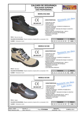 TIPO C - Bota de meia cana
CALÇADO DE SEGURANÇA - Biqueira resistente a impactos 200 J e compressão 15 kN. TAMANHOS PREÇO
40 41 42 43
CALÇADO DE SEGURANÇA
QUALIDADE SUPERIOR
-USO PROFISSIONAL-
44 45 35,00
TIPO B - Bota baixa
CALÇADO DE SEGURANÇA - Biqueira resistente a impactos 200 J e compressão 15 kN. TAMANHOS PREÇO
CLASSE I - Fabricado em couro 39
45 46 25,00
TIPO A - Sapato
CALÇADO DE SEGURANÇA - Biqueira resistente a impactos 200 J e compressão 15 kN. TAMANHOS PREÇO
CLASSE I - Fabricado em couro 39 40
39 40 41 42 43
44
41 42 43
44 45 19,00
Edição: 1/2006
Data: Setembro 2006
Revisão: 2
Data: Julho 2011
Preço: €/Unidade
Desconto:
Distribuidor - 50%
TABELA 14.3
CLASSE I - Fabricado em couro
MODELO UC-300
MODELO UE-300
EN 345 S1P
CARACTERÍSTICAS:
• Fabricado em pele;
• Design moderno;
• Forro respirável;
• Palmilha microporosa - excelente circulação de ar;
• Calcanhar reforçado;
• Tacão amortecedor - absorção de energia no calcanhar -
redução da fadiga;
• Biqueira larga com protecção de aço - reduz a
possibilidade de doenças dermatológicas;
• Resistente à perfuração;
• Antiestática.
CARACTERÍSTICAS:
• Fabricado em pele;
• Design moderno;
• Forro respirável;
• Palmilha microporosa - excelente circulação de ar;
• Calcanhar reforçado;
• Tacão amortecedor - absorção de energia no calcanhar -
redução da fadiga;
• Biqueira larga com protecção de aço - reduz a
possibilidade de doenças dermatológicas;
• Resistente à perfuração;
• Antiestática;
• Com elementos reflectores.
CARACTERÍSTICAS:
• Fabricado em pele;
• Design moderno;
• Forro respirável;
• Palmilha microporosa - excelente circulação de ar;
• Calcanhar reforçado;
• Tacão amortecedor - absorção de energia no calcanhar -
redução da fadiga;
• Biqueira larga com protecção de aço - reduz a
possibilidade de doenças dermatológicas;
• Resistente à perfuração;
• Antiestática.
EN 345 S1P
EN 345 S1P
e aos ácidos
MODELO MJ-308A
Resistente aos óleos
Resistente aos óleos
Resistente aos óleos
p ANTERIOR ÍNDICE IMPRIMIR ESTA PÁGINA
p ANTERIOR ÍNDICE IMPRIMIR ESTA PÁGINA
q SEGUINTE
q SEGUINTE
 