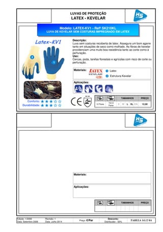 S
LUVAS DE PROTEÇÃO
LATEX - KEVELAR
TAMANHOS PREÇO
Conforto:
12 Pares
10x12
Pares
Durabilidade: M L XL XXL 12,00
TAMANHOS PREÇO
Edição: 1/2006
Data: Setembro 2006
Revisão: 1
Data: Julho 2014
Preço: €/Par
Desconto:
Distribuidor - 50%
TABELA 14.12 0A
Aplicações:
Materiais:
Modelo: LATEX-KV1 - Refª SK210KL
LUVA DE KEVELAR SEM COSTURAS IMPREGNADO EM LATEX
Descrição:
Luva sem costuras recoberta de latex. Assegura um bom agarre
tanto em situações de seco como molhado. As fibras de kevelar
providenciam uma muito boa resistência tanto ao corte como à
perfuração.
Uso:
Cercas, poda, tarefas florestais e agrícolas com risco de corte ou
perfuração.
Aplicações:
Materiais:
Latex-KV1
Latex
Estrutura Kevelar
q SEGUINTE p ANTERIOR ÍNDICE IMPRIMIR ESTA PÁGINA
q SEGUINTE p ANTERIOR ÍNDICE IMPRIMIR ESTA PÁGINA
 