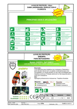 Utilização de
ferramentas
manuais.
Poda profissional.
Uso de corta sebes
mecânicos.
Ganadaria.
Trabalho com animais.
Cercas e vedações.
Trabalhos com arame
farpado.
Colheita de frutas e
verduras.
Flores com
espinhos.
Agricultura.
Maquinaria agrícola.
Ambientes de frio,
neve e gelo.
Sulfatar.
Aplicação de inseticidas,
fungicidas e adubos.
Uso específico para
motoserras
Corte de madeira
Plantar e cuidadr de
flores.
Tarefas básicas de jardim.
Limpeza de terrenos.
Transplantar.
Edição: 1/2006
Data: Setembro 2006
Revisão: 1
Data: Abril 2014
Preço: €/Par Distribuidor - 50%
TABELA 14.13 A
M L XL XXL 20,00
10x12
Pares
Durabilidade: S
LUVAS DE PROTEÇÃO
SHERPA
PARA MOTOSSERRA
TAMANHOS PREÇO
Conforto:
12 Pares
LUVAS DE PROTEÇÃO - H5pro
GAMA JARDINAGEM, AGRICULTURA E
FLORESTA
Rega.
Trabalhos em altura Uso de roçadoras
Ambientes húmidos
Modelo: SHERPA - Refª GA8912
LUVA DE PROTEÇÃO PARA CORTE COM MOTOSSERRA
Descrição:
Luva específica para trabalhos com motosserra. Realizada a
partir de pele natural com um padrão multimaterial para uma
comodidade e um ajuste perfeito na mão. Boa comodidade para
trabalhos contínuos. Proteção adicional na mão esquerda para o
corte com motosserra.
Uso:
Operação profissional de motosserras. Trabalhos florestais
SHERPA
Materiais:
Transpirável e elástica
Antideslizamento
Aplicações:
Adaptação extra
Proteção motosserra
1
3
4
1 3
4
PRINCIPAIS USOS E APLICAÇÕES
PRODUTOS
NOVOS
PRODUTO
NOVO
q SEGUINTE p ANTERIOR ÍNDICE IMPRIMIR ESTA PÁGINA
q SEGUINTE p ANTERIOR ÍNDICE IMPRIMIR ESTA PÁGINA
 