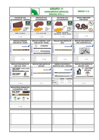 PRO® 115 x 228 mm Ø 115 - Ø 125 - Ø150
93x93x93 - 105x105x105
PRO® 100x147 - 100x165 - 100x150
T 11.4 E T 11.4 F T 11.4 G
FOLHAS DE LIXA
AUTOADERENTES - MÁQUINA
DISCOS DE LIXA
AUTOADERENTES
DELTAS DE LIXA
AUTOADERENTES
Grupo:
11
Grupo:
11
Grupo:
11
T 11.5
T 11.5 T 11.5 A
RODAS LAMELARES
COM ESPIGA
BROCAS STANDARD
PARA BETÂO / PEDRA
BROCAS STANDARD - ECEF
PARA BETÂO / PEDRA
Grupo:
11
Grupo:
11
T 11.7
SDS MAX T 11.7 T 11.7
T 11.7 A
T 11.7 B
CINZEIS ESCOPROS
SDS + T 11.7
CINZEIS E ESCOPROS P/
MARTELOS SDS+ e SDS MAX
BROCAS PARA MARTELOS
SDS MAX - ECEF
BROCA/FRESA DIAMANTADA
E ACESSÓRIOS - ECEF
Grupo:
11
Grupo:
11
Grupo:
11
T 11.6
T 11.6 A T 11.7
Grupo:
11
T 11.6
Grupo:
11
Grupo:
11
Grupo:
11
GRUPO 11
CONSUMÍVEIS (BROCAS,
DISCOS, ETC...)
ÍNDICE 11.2
BROCAS PARA MARTELOS
SDS+
BROCAS PARA MARTELOS
SDS+ BOOSTER PLUS
BROCAS PARA MARTELOS
SDS PLUS - ECEF
BROCAS PARA MARTELOS
SDS MAX
Grupo:
11
DUPLO CANAL
STANDARD
PROFISSIONAL
NOVO NOVO NOVO
q SEGUINTE p ANTERIOR IMPRIMIR ESTA PÁGINA
q SEGUINTE p ANTERIOR IMPRIMIR ESTA PÁGINA
 