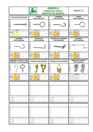 LATON. T3.7
LATON. T3.7
ZINCADO
ZINCADO T3.7
ZINCADO T3.7
POLIDO
POLIDO POLIDO
4.8 PLÁSTICO
4.8 LAT
Grupo:
3
LAT 4.8 LAT
CAMARÕES E PITÕES P/ CABO
CORTINADO - ROSCA MADEIRA
GANCHOS PARA QUADROS TRIÂNGULO PARA QUADROS
GANCHOS PLÁSTICOS
PARA QUADROS
Grupo:
3
Grupo:
3
Grupo:
3
ZINCADO T3.7
ZINCADO T3.7
ZINCADO T3.6
ZINCADO T3.6
POLIDO T3.7
POLIDO
POLIDO T3.6
4.8
POLIDO T3.6
4.8 LAT
4.8 LAT
Grupo:
3
LAT 4.8 LAT
CAMARÕES
ROSCA MADEIRA
ESCÁPULAS
ROSCA MADEIRA
ESCÁPULAS C/ RANHURA
ROSCA MADEIRA
ALDRABAS
ROSCA MADEIRA
Grupo:
3
Grupo:
3
Grupo:
3
T3.5
T3.5 ZINCADO
T3.5 ZINCADO
ZINCADO
POLIDO T3.6
POLIDO
ZINCADO T3.4 POLIDO
LAT 4.8
LAT 4.8
Grupo:
3
200 HV LAT 4.8
Grupo:
3
Grupo:
3
Grupo:
3
GRUPO 3
PARAFUSOS PARA A
INDÚSTRIA DA MADEIRA
ÍNDICE 3.2
CAVILHAS PARA SOALHOS
PITÕES
ROSCA MÉTRICA
CAMARÕES
ROSCA MÉTRICA
PITÕES
ROSCA MADEIRA
q SEGUINTE p ANTERIOR IMPRIMIR ESTA PÁGINA
q SEGUINTE p ANTERIOR IMPRIMIR ESTA PÁGINA
 