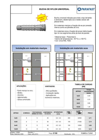 BUCHA DE NYLON UNIVERSAL
ARTIGO
Cargas
recomendadas
(betão)
TABELA DE CARGAS
[kN]
5x25 0,40
6x30 0,70
8x40
10x50
0,80
1,40
ARTIGO Ø BROCA
PROFUNDIDADE
MÍNIMA DO FURO
COMPRIMENTO
DA BUCHA
Ø PARAFUSO
[mm]
PREÇO
42000 2,71
6x30 6 6 30 4.0 - 5.0 100 21000 3,14
5x25 5 5 25 3.0 - 4.0 200
Edição: 1/2006
Data: Setembro 2006
Revisão: 1
Data: Julho 2014
Preço: €/100 Distribuidor - 50%
TABELA 7.10 B
10500 5,00
10x50 10 10 50 6.0 - 8.0 50 5250 9,14
8x40 8 8 40 4.5 - 6.0 100
Bucha universal indicada para todo o tipo de betão
e alvenaria, desde tijolo oco e betão celular até
placas leves.
Em materiais maciços a fixação dá-se por pressão
interna contra as paredes do furo.
Em materiais ocos a fixação dá-se por deformação
tipo nó nos segmentos atrás da face da parede.
• Material base - Poliamida 6;
• Gama de temperaturas: -40 ºC a +100 ºC;
• Cor: cinza RAL 7035.
Instalação em materiais maciços Instalação em materiais ocos
APLICAÇÕES:
-Tijolo maciço ou oco;
- Betão;
- Arenito;
- Aglomerado;
- Gesso cartonado.
VANTAGENS:
- Alta qualidade;
- Instalação rápida;
- Aplicação em
inúmeros materiais.
PRODUTO
NOVO
q SEGUINTE p ANTERIOR ÍNDICE IMPRIMIR ESTA PÁGINA
q SEGUINTE p ANTERIOR ÍNDICE IMPRIMIR ESTA PÁGINA
 