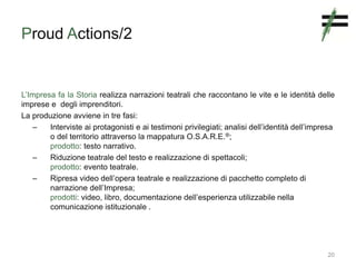 Proud Actions/2
L’Impresa fa la Storia realizza narrazioni teatrali che raccontano le vite e le identità delle
imprese e degli imprenditori.
La produzione avviene in tre fasi:
– Interviste ai protagonisti e ai testimoni privilegiati; analisi dell’identità dell’impresa
o del territorio attraverso la mappatura O.S.A.R.E.®;
prodotto: testo narrativo.
– Riduzione teatrale del testo e realizzazione di spettacoli;
prodotto: evento teatrale.
– Ripresa video dell’opera teatrale e realizzazione di pacchetto completo di
narrazione dell’Impresa;
prodotti: video, libro, documentazione dell’esperienza utilizzabile nella
comunicazione istituzionale .
20
 