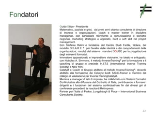 Fondatori
23
Guido Silipo - Presidente
Matematico, jazzista e griot, dai primi anni ottanta consulente di direzione
di imprese e organizzazioni, coach e master trainer in discipline
manageriali, con particolare riferimento a comunicazione e tecniche
negoziali, marketing strategico e applicato, hard e soft skill nel project
management.
Con Stefania Ratini è fondatore del Centro Studi Fertile, titolare, del
modello O.S.A.R.E. ® per l’analisi delle identità e dei comportamenti delle
organizzazioni, nonché del sistema standard 3QUBE per la progettazione
degli interventi formativi.
Innovatore appassionato e imprenditore visionario, ha ideato e sviluppato,
con Nicholas A. Simmons, il metodo InverseTraining® per la formazione e il
coaching di gruppo e presiede In.I.T.S (International Inverse Training
Society) a New York.
Catalyst e Coach di Gruppo abilitato al metodo InverseTraining®, docente
abilitato alla formazione dei Catalyst livelli S/G/C-Trainer e membro del
collegio di valutazione per InverseTrainingCatalyst.
Mentore e manager di reti di impresa, ha collaborato con Sistemi Formativi
Confindustria alla diffusione del Contratto di Rete, contribuendo a formare i
dirigenti e i funzionari del sistema confindustriale fin dai diversi giri di
conferenze precedenti la nascita di Retimpresa.
Partner per l’Italia di Parker, Longabaugh & Place – International Business
Consultants Society.
 
