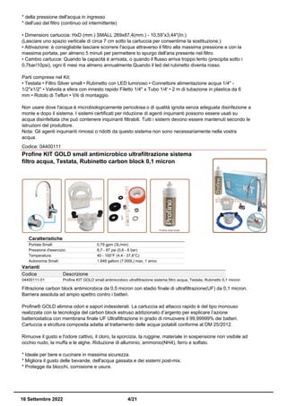 Filtro Di Ricambio Profine Per Depuratore Acqua Uno - 0,5 Micron Antibatterico, Capacità 7000 Litri