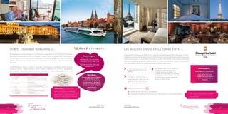 T: 620 6111
www.viajesrosario.com
T: 620 6111
www.viajesrosario.com
18 19
Por el Danubio Romántico…
Amawaterways te invita a navegar en el AmaSonata, inagurado en el 2014, solo para 140 parejas.
Balcones franceses para admirar los paisajes y castillos desde tu propia suite!. Disfrutarás de
comidas gourmet con vino. Disfruta la piscina en la cubierta y bar, gimnasio, Spa y Wi-Fi gratis!
Entretenimiento en las noches, bicicletas a disposición para pasear. Visitas de cada puerto
incluidas.
Amawaterways te invita a conocer el Danubio, embarcando en Budapest, paraíso para los
músicos y artistas, visitarás Bratislava, Viena, Passau y Ratisbona. En el camino, te deleitarás
con magníficas catedrales y abadías barrocas, ciudades medievales…hasta llegar a Nuremberg.
Considerado uno de los DIEZ
Hoteles Más Románticos Del
Mundo!
Sus habitaciones y suites presentan
una decoración individual con
muebles hechos a medida, con
acabado de cristal, baño de mármol
con calefacción por suelo , artículos
de aseo Bulgari, bañera separada y
ducha de efecto lluvia.
Alberga tres restaurantes,
L’Abeille y Shang Palace tienen
estrella Michelin. Disfrutarás de
gastronomía francesa, china y
fusión de la más alta calidad.
› ›
›
Recuerda reservar con
anticipación una romántica
cena en el Chef’s Table: una
experiencia exclusiva con un
chef de renombre, sólo para
ustedes dos.
“Fue un viaje muy romántico,
nuestra luna de miel
memorable. El reflejo del
Parlamento de Budapest
sobre el río en los últimos
momentos de la tarde fue
espectacular”
Lorena y Jorge
Para cualquier celebración
de a dos… podemos
organizarte una cena
privada con vista directa
a la Torre Eiffel desde tu
terraza!
Rosario Sugiere
Ellos dicen..
Rosario sugiere
Las mejores vistas de la Torre Eiffel…
Originalmente construido en 1896 como la casa del príncipe imperial Roland Bonaparte, Shangri-
La Paris es un clásico del siempre romántico París. Todas las ventanas del hotel enmarcan una vista,
motivo de una postal: la torre Eiffel, el río Sena, el Louvre, Montmartre y Les Invalides conforman
varias de las escenas que podrás disfrutar desde tu cuarto o tomando un café en el restaurante.
Una incomparable fusión de hospitalidad asiática y art de vivre francés.
Día
1
2
3
4
5
6
7
8
Ciudad
Budapest
Bratislava
Viena
Dürnstein
Melk
Linz
Passau
Regensburg
Nuremberg
Nuremberg
Actividad
Embarque y cena a bordo.
Por la tarde Bratislava
Llegada a Viena! Disfruta de sus maravillas!
Concierto de Mozart y Strauss en el Palacio
de Schönbrunn!
Por la mañana visita.
Por la tarde, hay bicicletas para ir a Melk
Camina de noche por esta ciudad
Llegada a Linz. Puedes ir a Salzburgo
Visita de Passau.
Por la tarde Regensburg, encantadora
ciudad medieval.
Conoce el Castillo y más!
Desembarque después del desayuno.
*Consultar otros itinerarios y salidas durante el año.
Temporada: Las fechas más
recomendables por clima son de
abril a noviembre, sin embargo,
para apreciar los famosos mercados
de Navidad, la mejor alternativa es
tomar el crucero en los meses de
noviembre y diciembre
¡Ideal para una escapada romántica
o un regalo sorpresa para tu pareja.
Date el gusto!
Beneficios exclusivos con
• Crédito de 100 USD para lo que prefieras.
•	 Up-grade de habitación, early check-in y late check-out, según disponibilidad
*
 